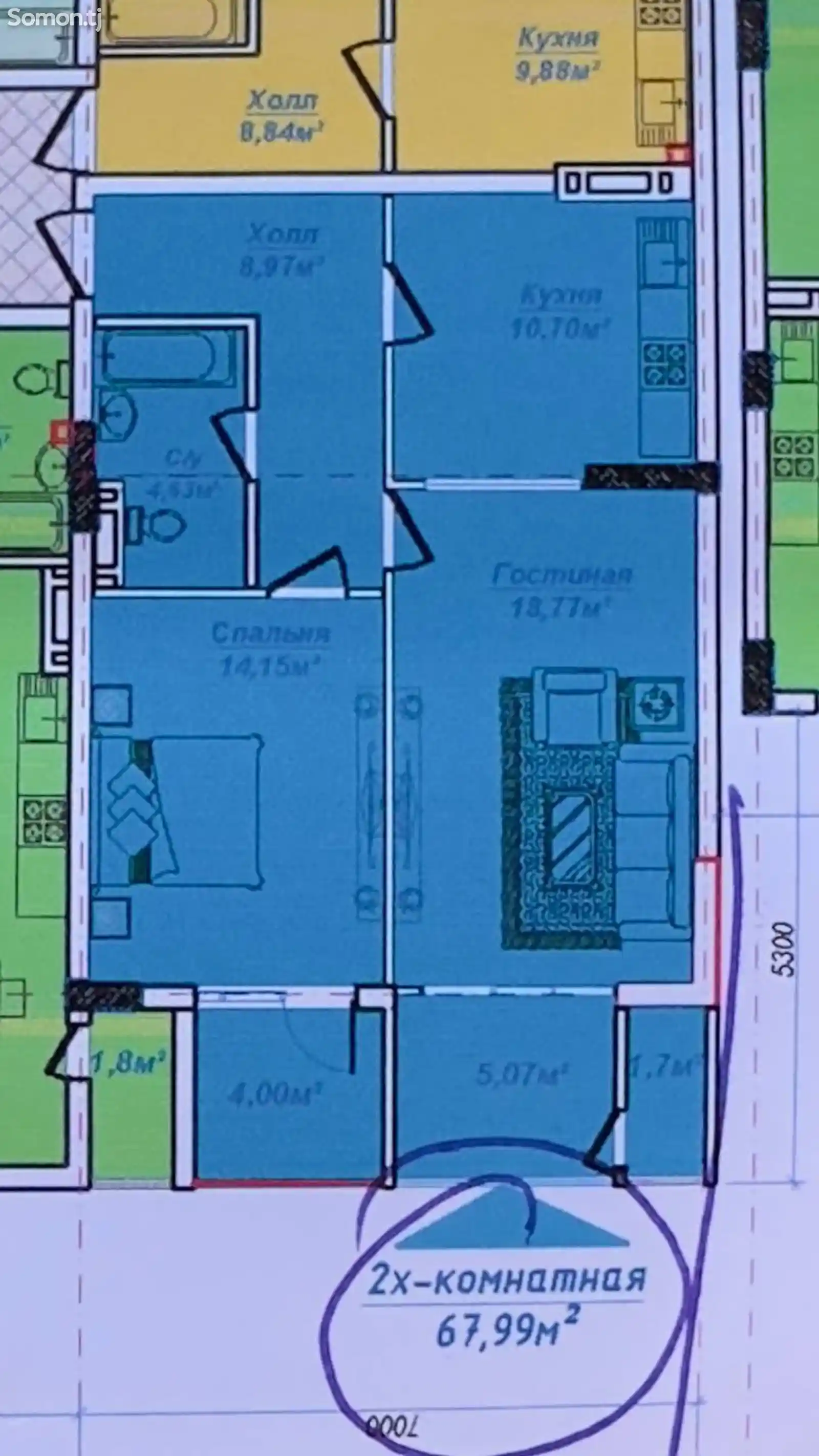 2-комн. квартира, 5 этаж, 68 м², Сино -2