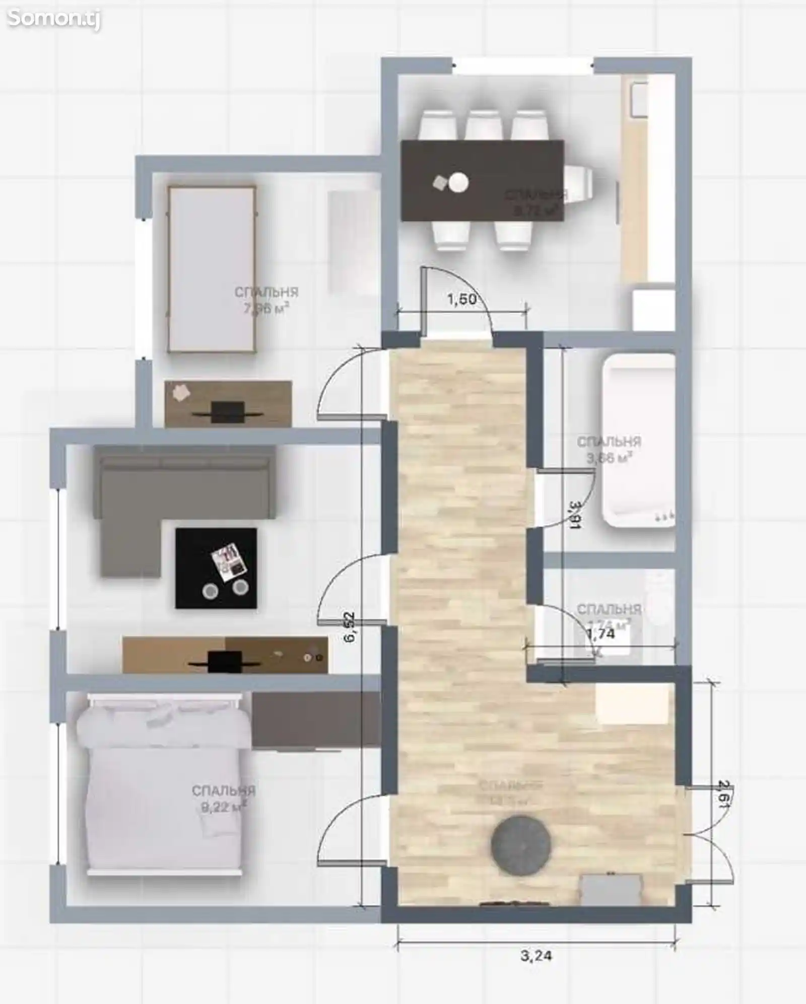 2-комн. квартира, 6 этаж, 57 м², Рудаки-4