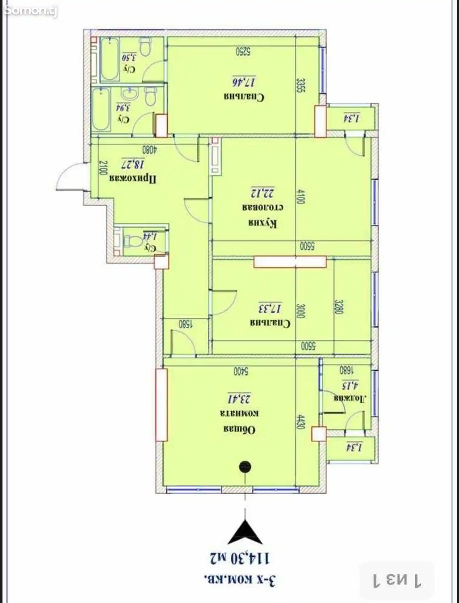 3-комн. квартира, 12 этаж, 114 м², Зелёный базар-2