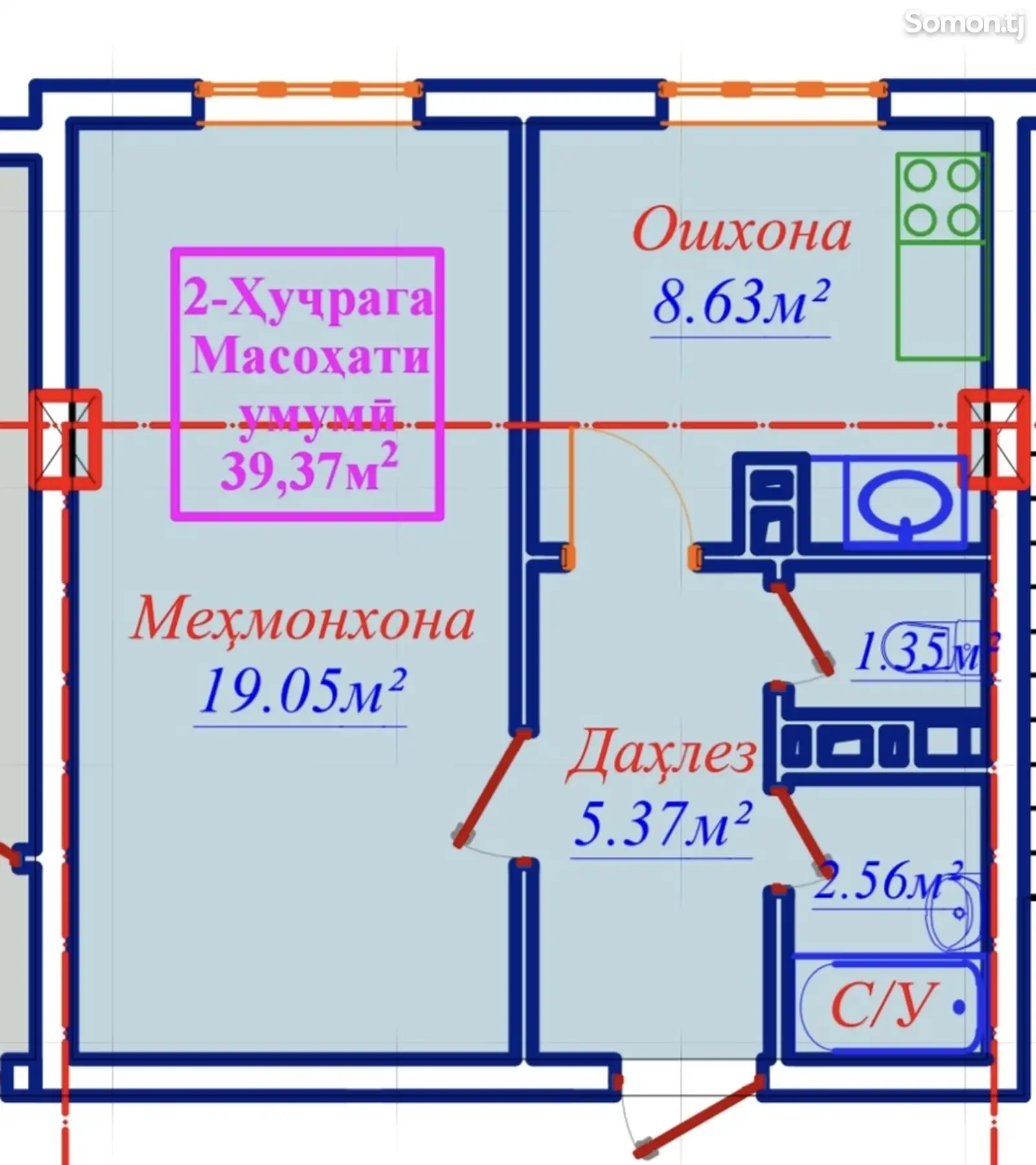 1-комн. квартира, 2 этаж, 39 м²,  Шарора-1