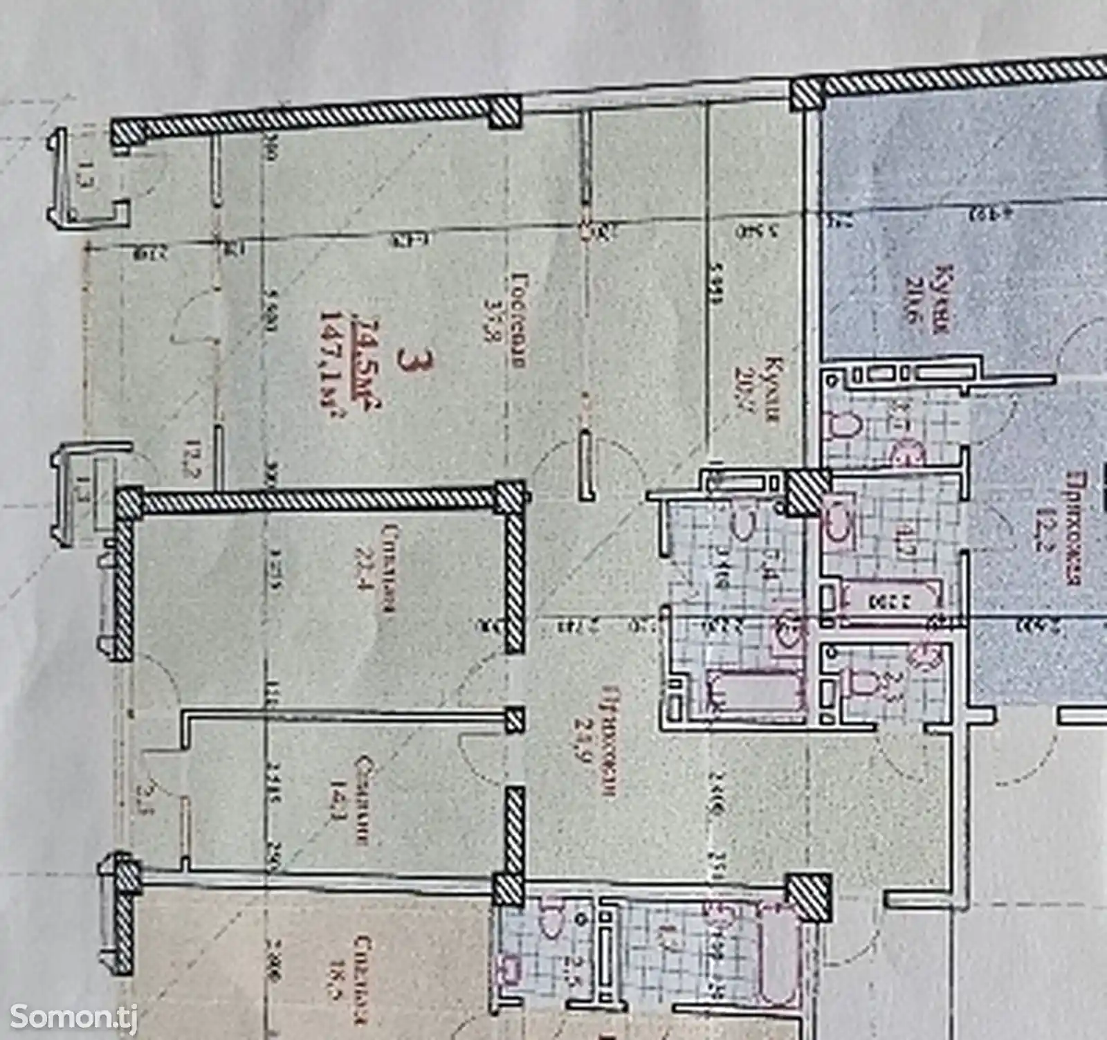 3-комн. квартира, 7 этаж, 147 м², Сомони-3