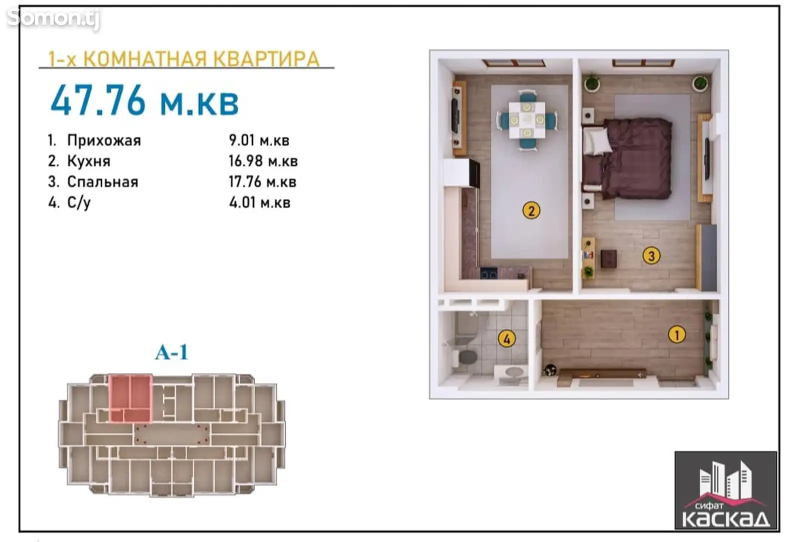 1-комн. квартира, 9 этаж, 47 м², 32- мкр-1