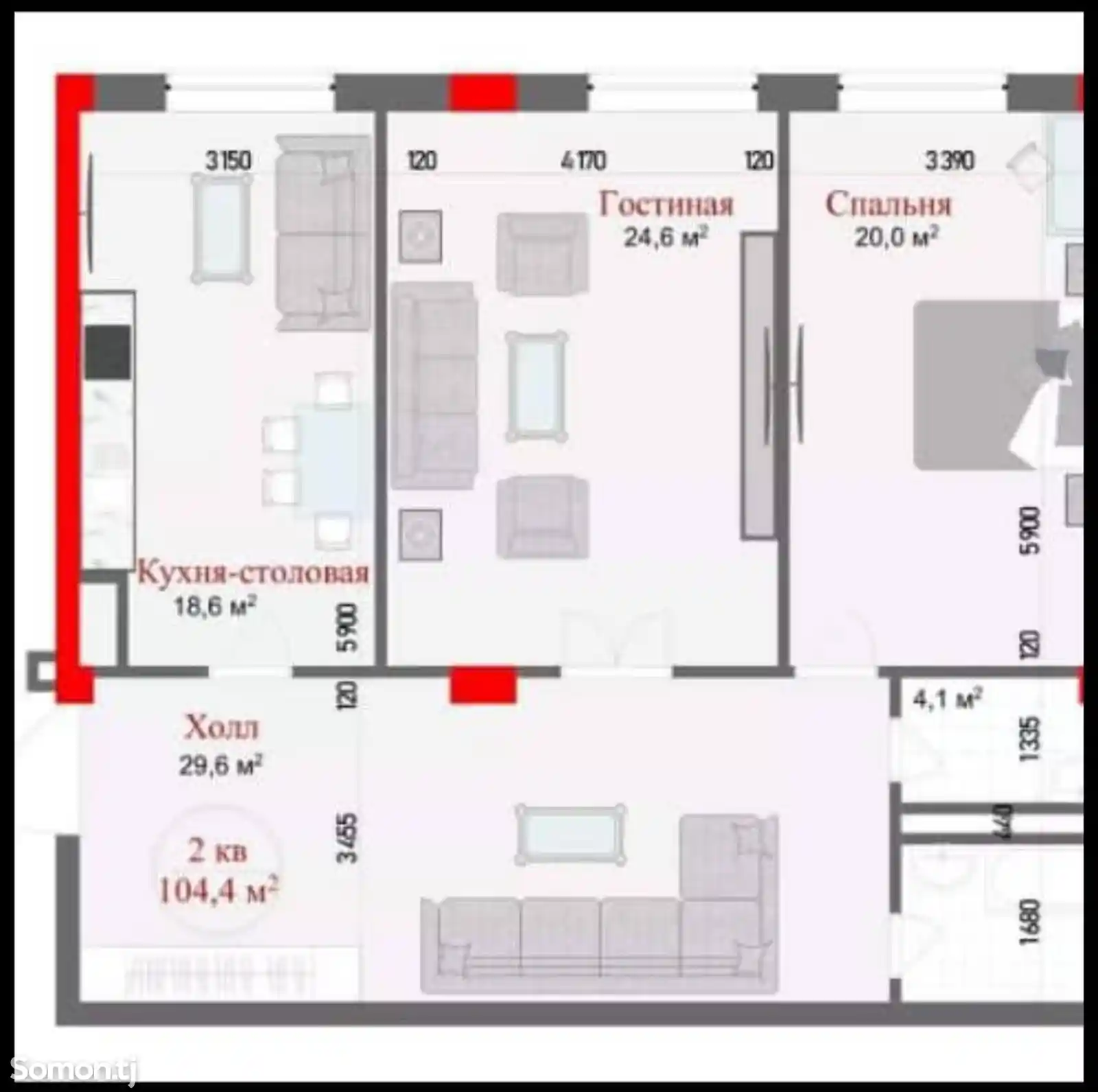 3-комн. квартира, 6 этаж, 105 м², И.Cомони