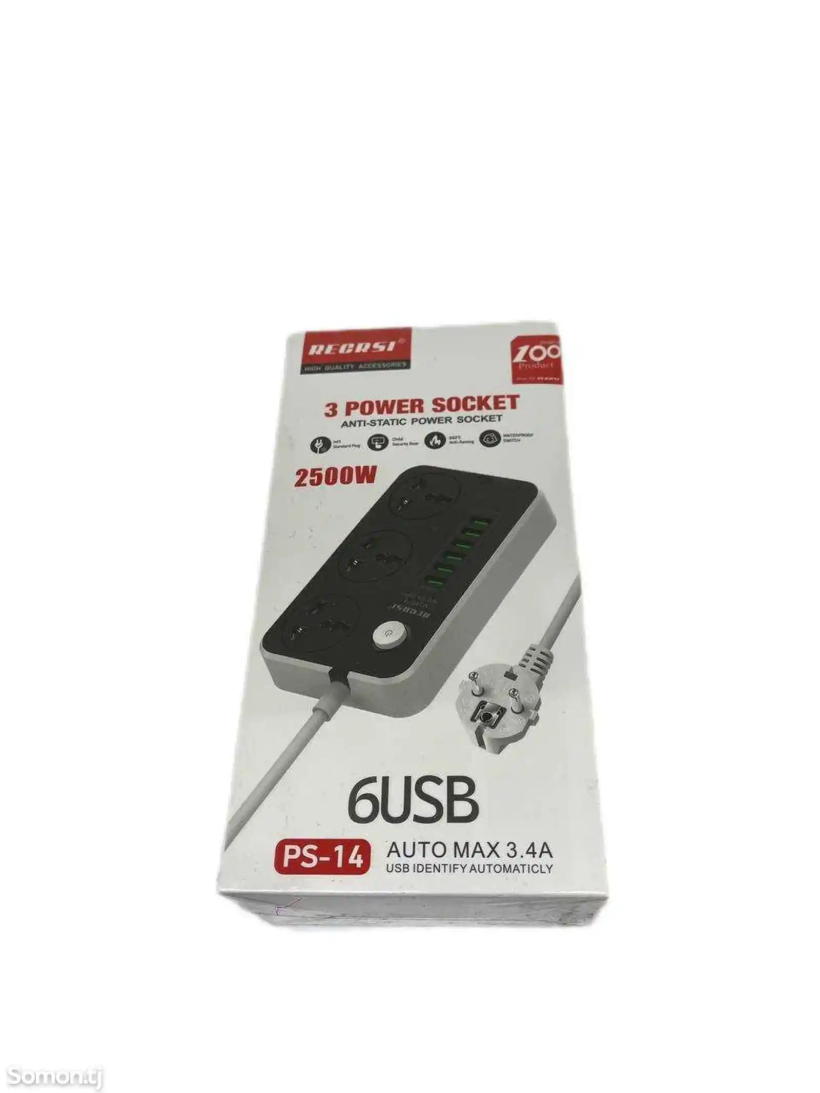 Сетевой фильтр - удлинитель Recrsi PS-14, 6 портов USB, 3.4 А, 3 розетки, 2 м-3