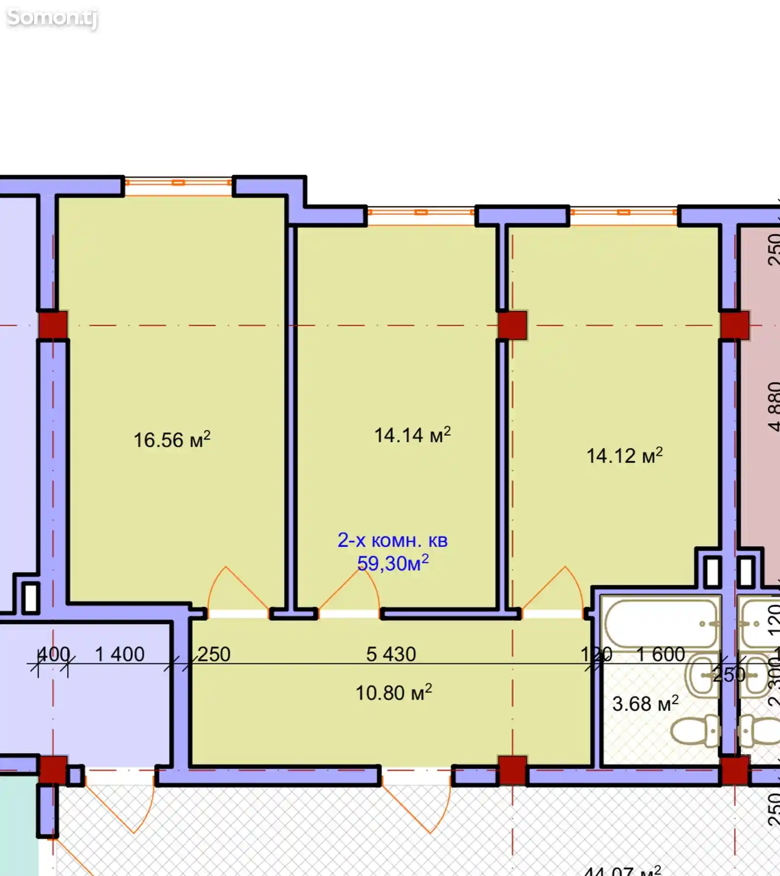 2-комн. квартира, 6 этаж, 60 м², Тец