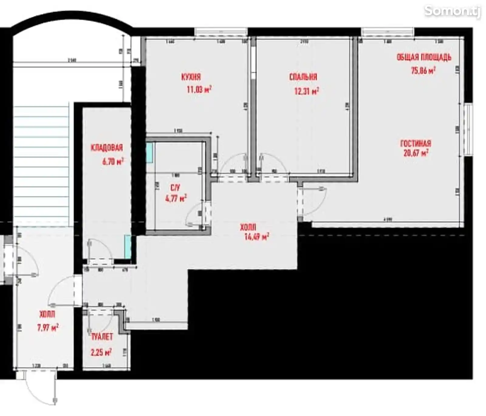 2-комн. квартира, 5 этаж, 76 м², Шохмансур-2