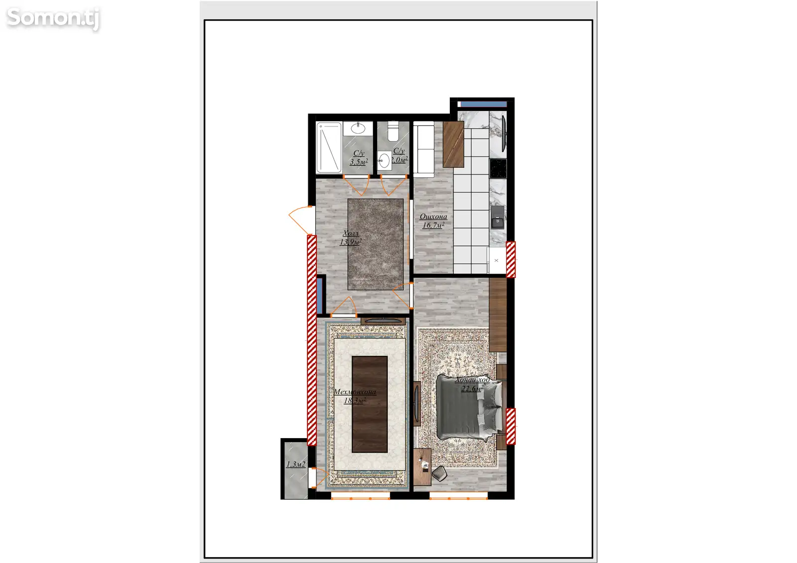 2-комн. квартира, 4 этаж, 81 м², Шохмансур-5