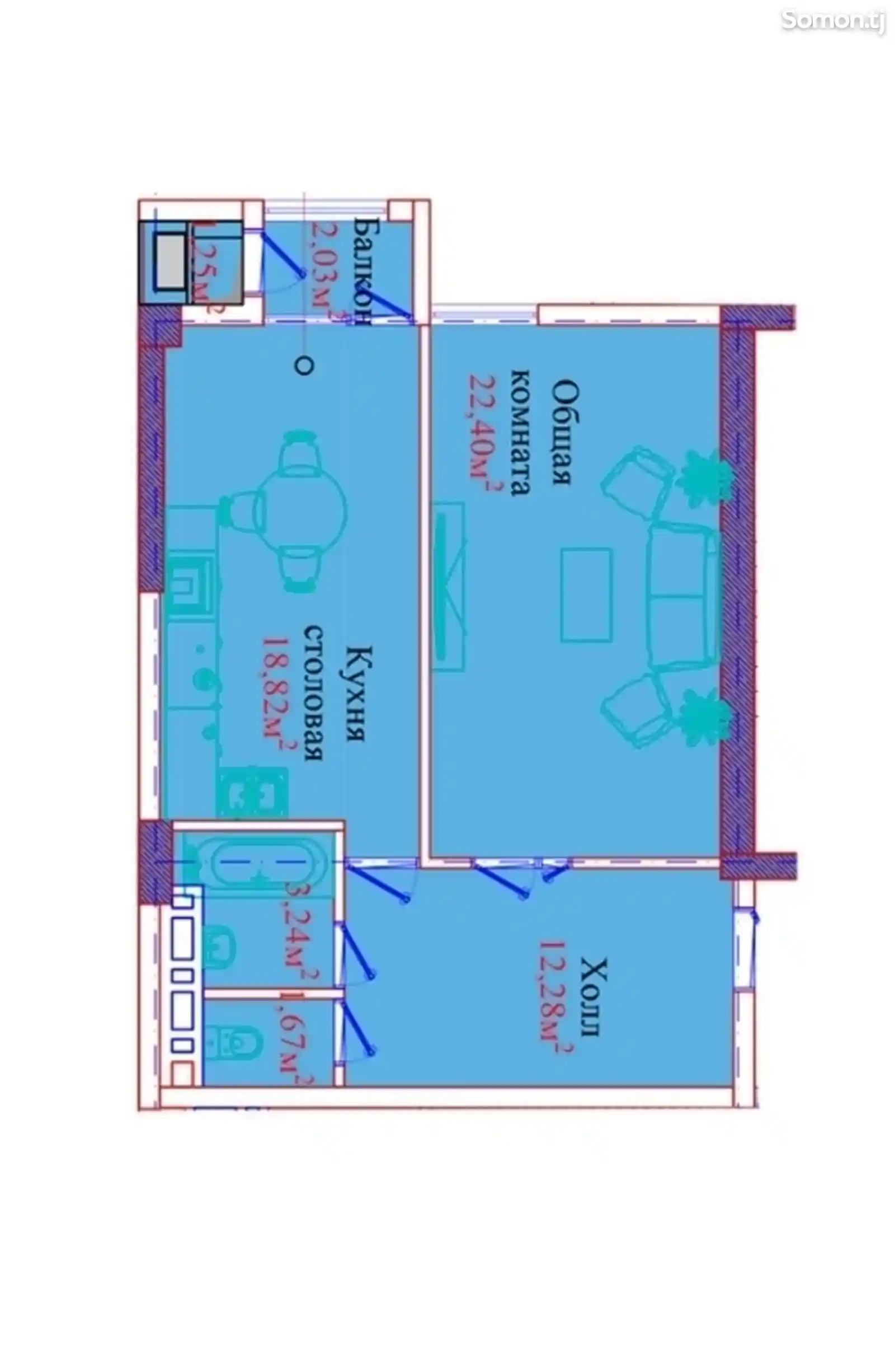 1-комн. квартира, 13 этаж, 62 м², И. Сомони-2