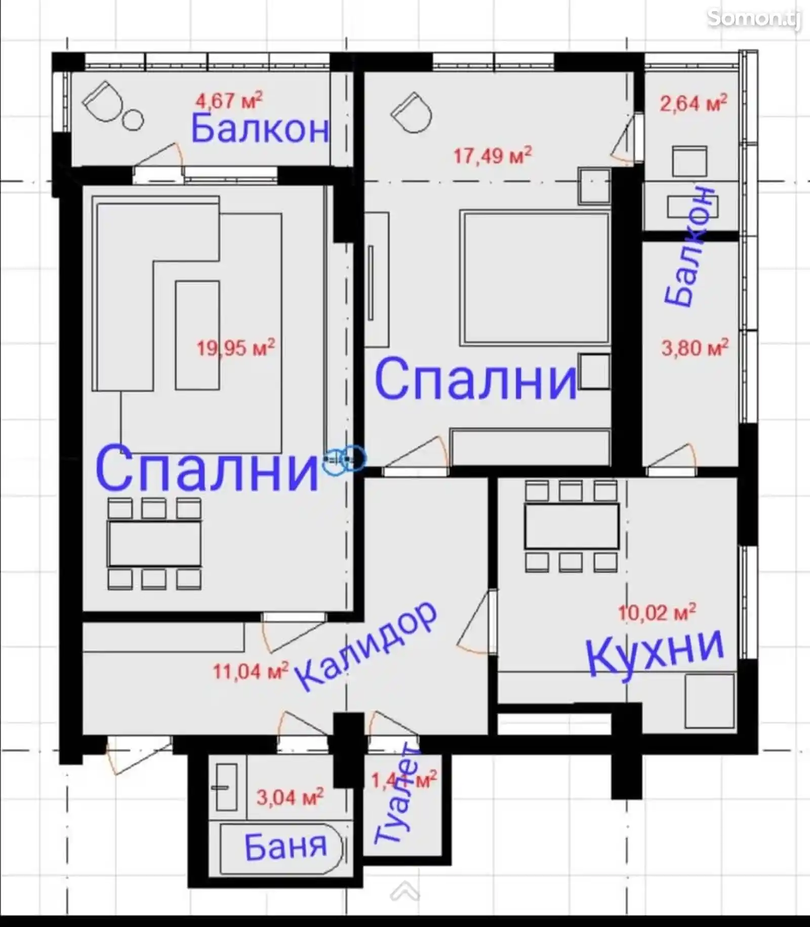 2-комн. квартира, 6 этаж, 75 м², Шохмансур-5