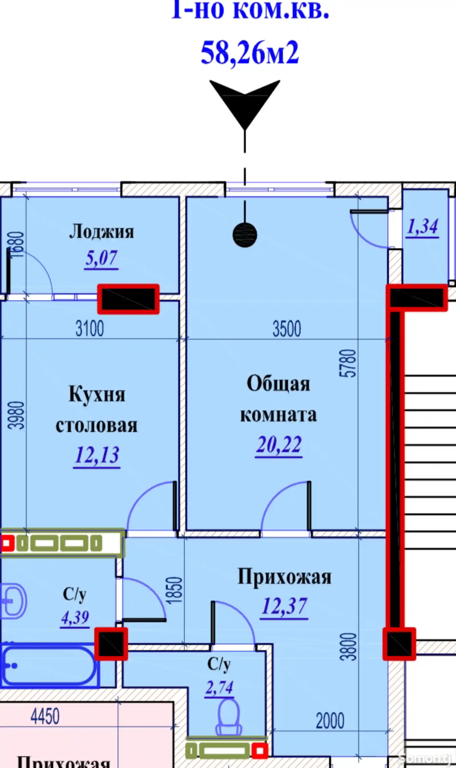 1-комн. квартира, 11 этаж, 58 м², Зелёный базар-3