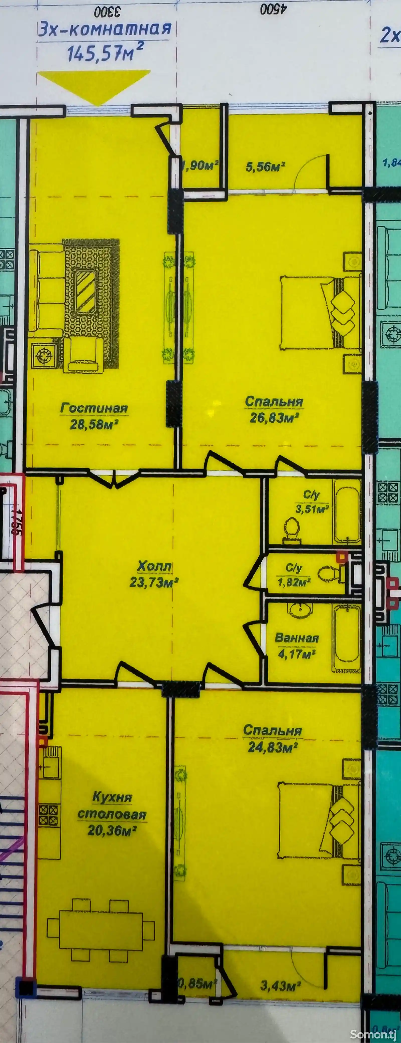 3-комн. квартира, 8 этаж, 145 м², Сино, 33 мкр-1