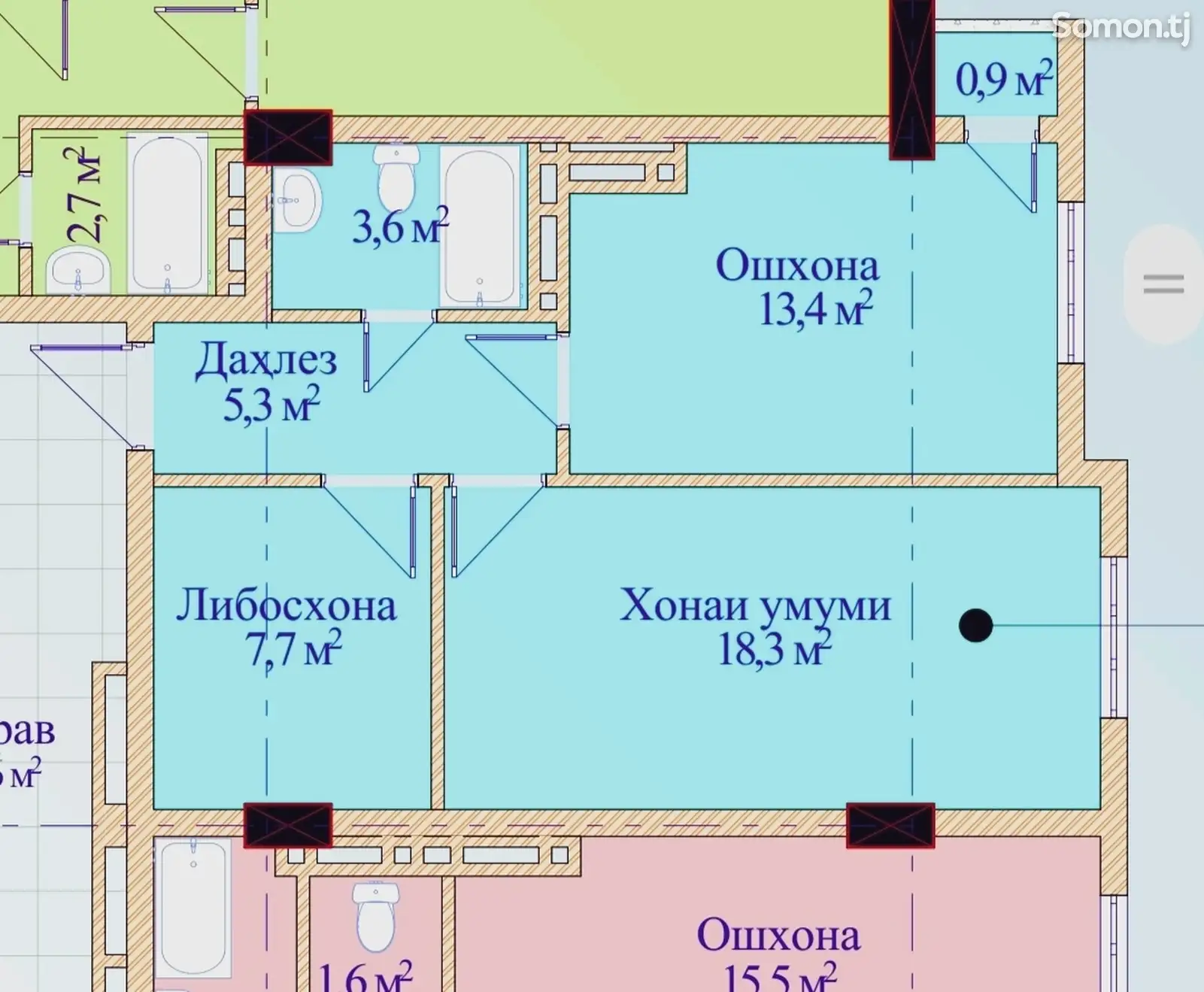 1-комн. квартира, 6 этаж, 46 м², Станса. куч. рудаки-1