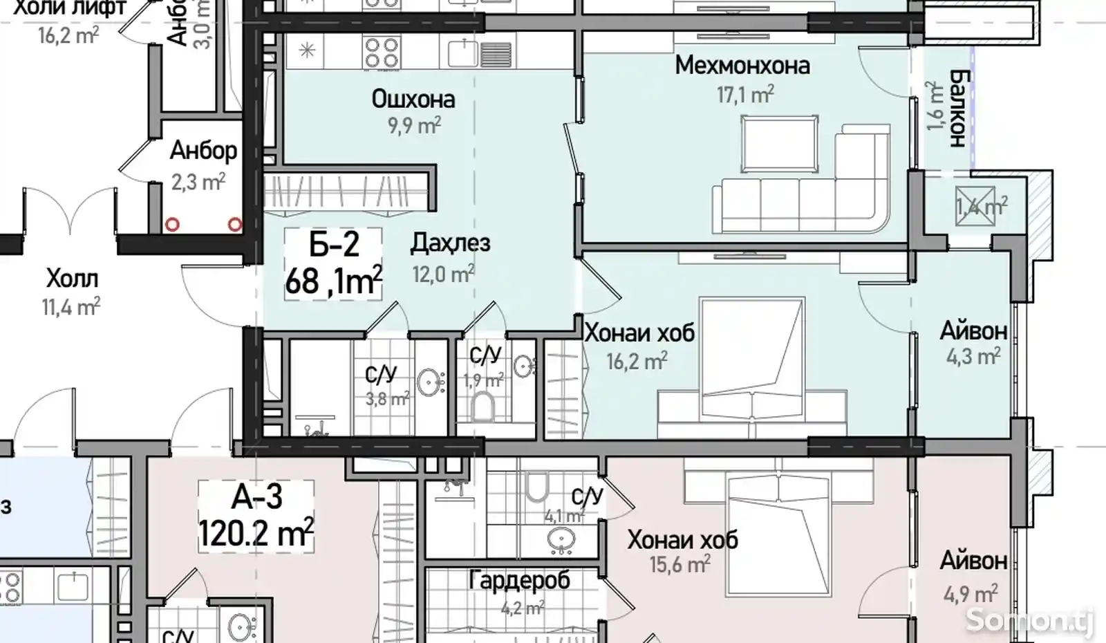 2-комн. квартира, 12 этаж, 68 м², Сино-3