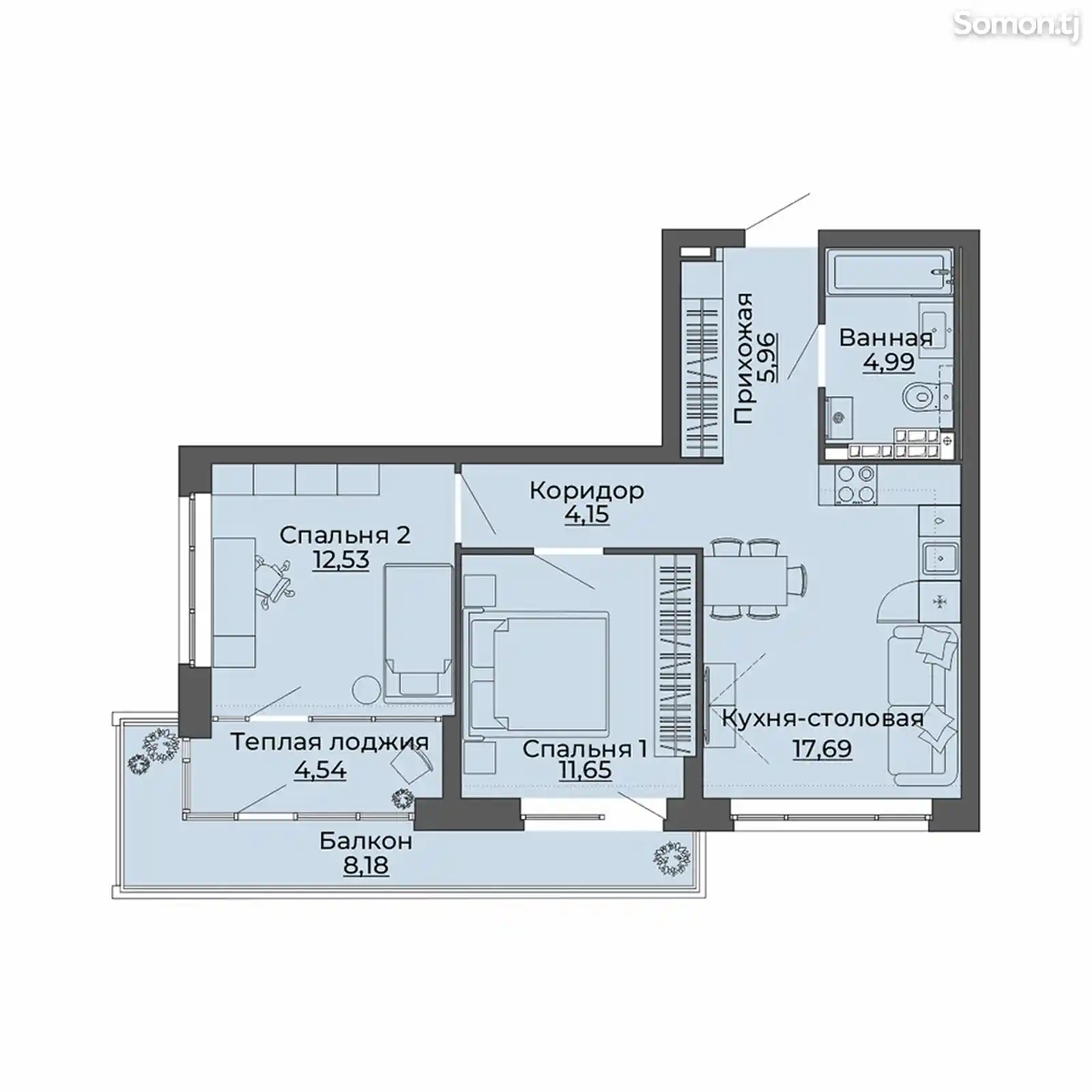 2-комн. квартира, 7 этаж, 72 м², поворот Ленинград