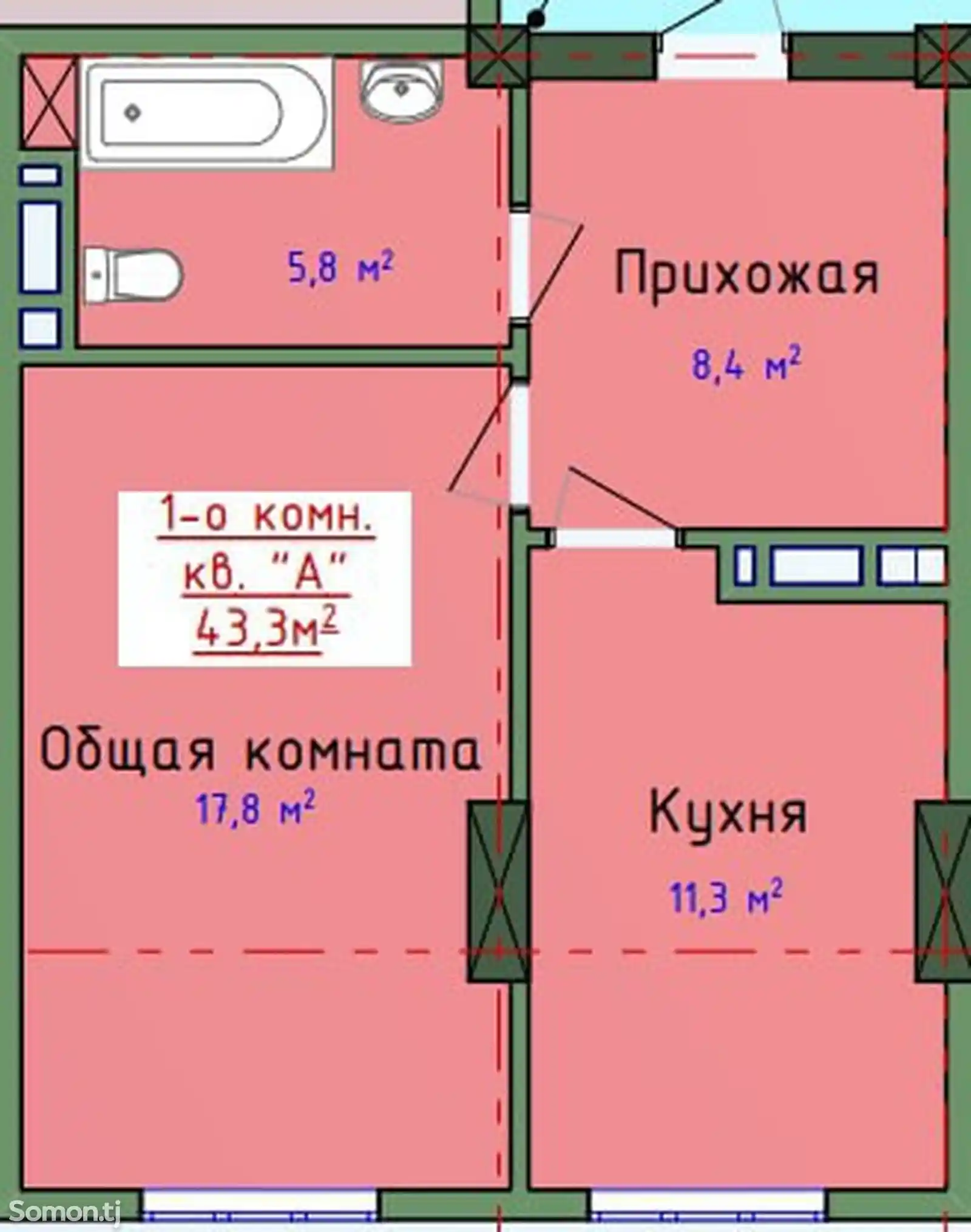 1-комн. квартира, 3 этаж, 43 м², 12мкр-6