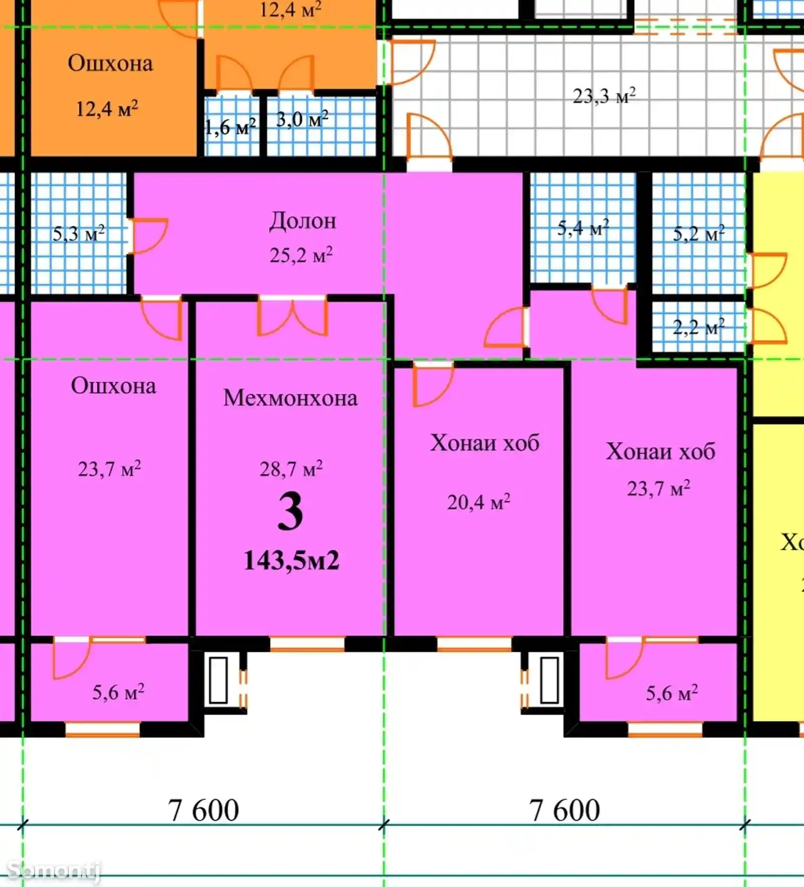 3-комн. квартира, 5 этаж, 143 м², Исмоили сомони-3