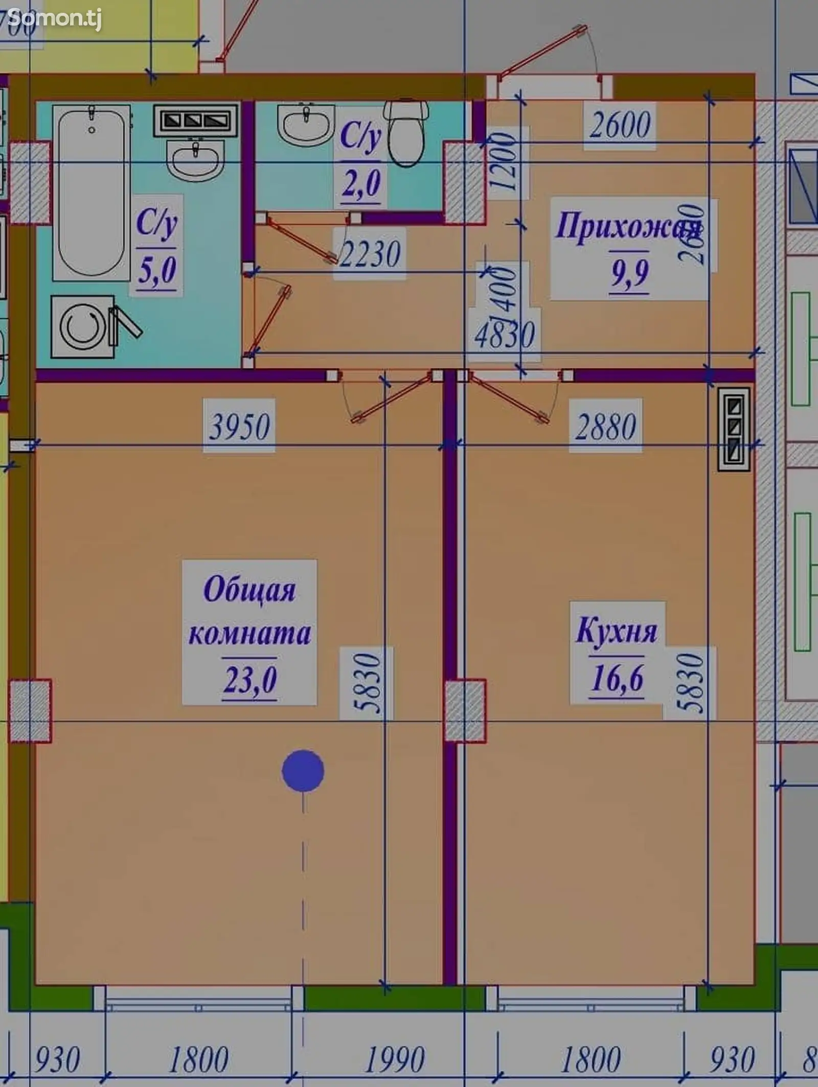 1-комн. квартира, 9 этаж, 58 м², Сомонӣ-1