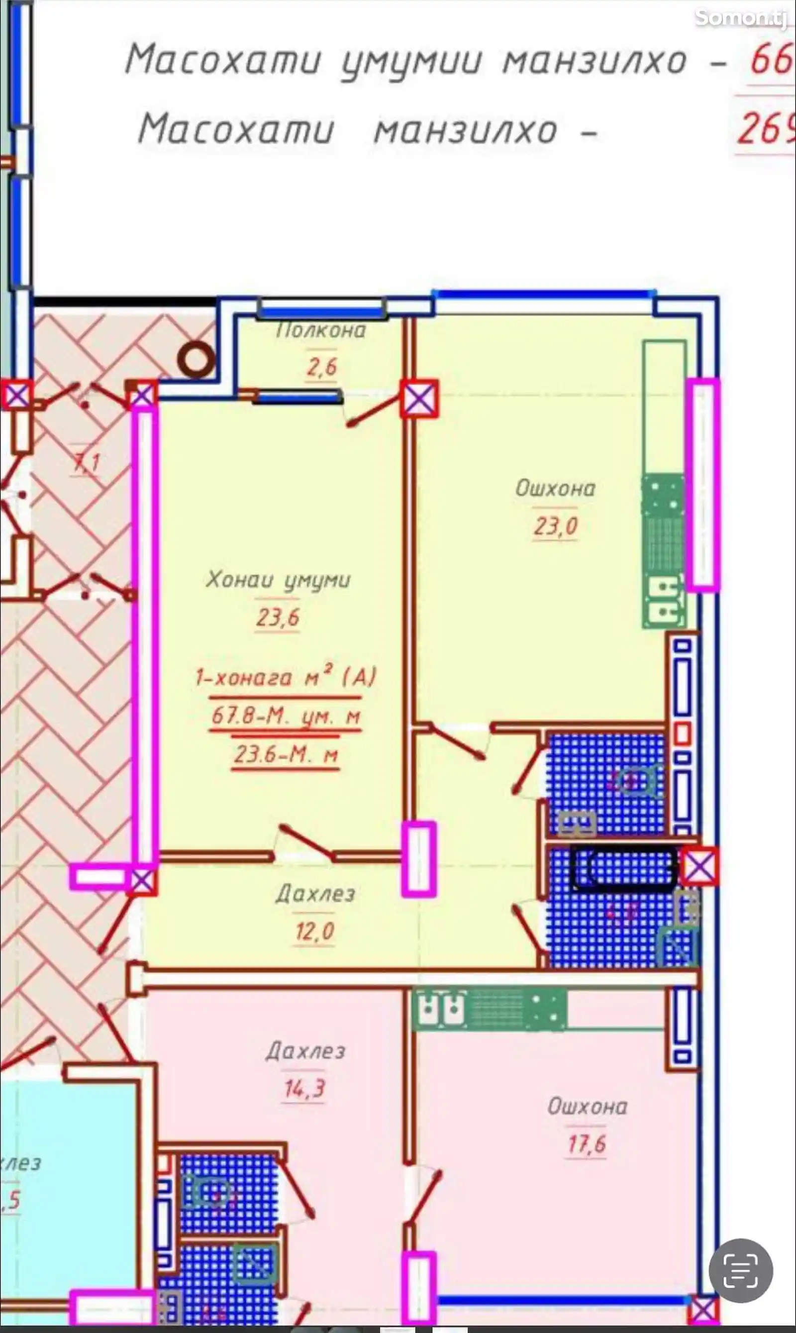 1-комн. квартира, 10 этаж, 68 м², Шохмансур-5