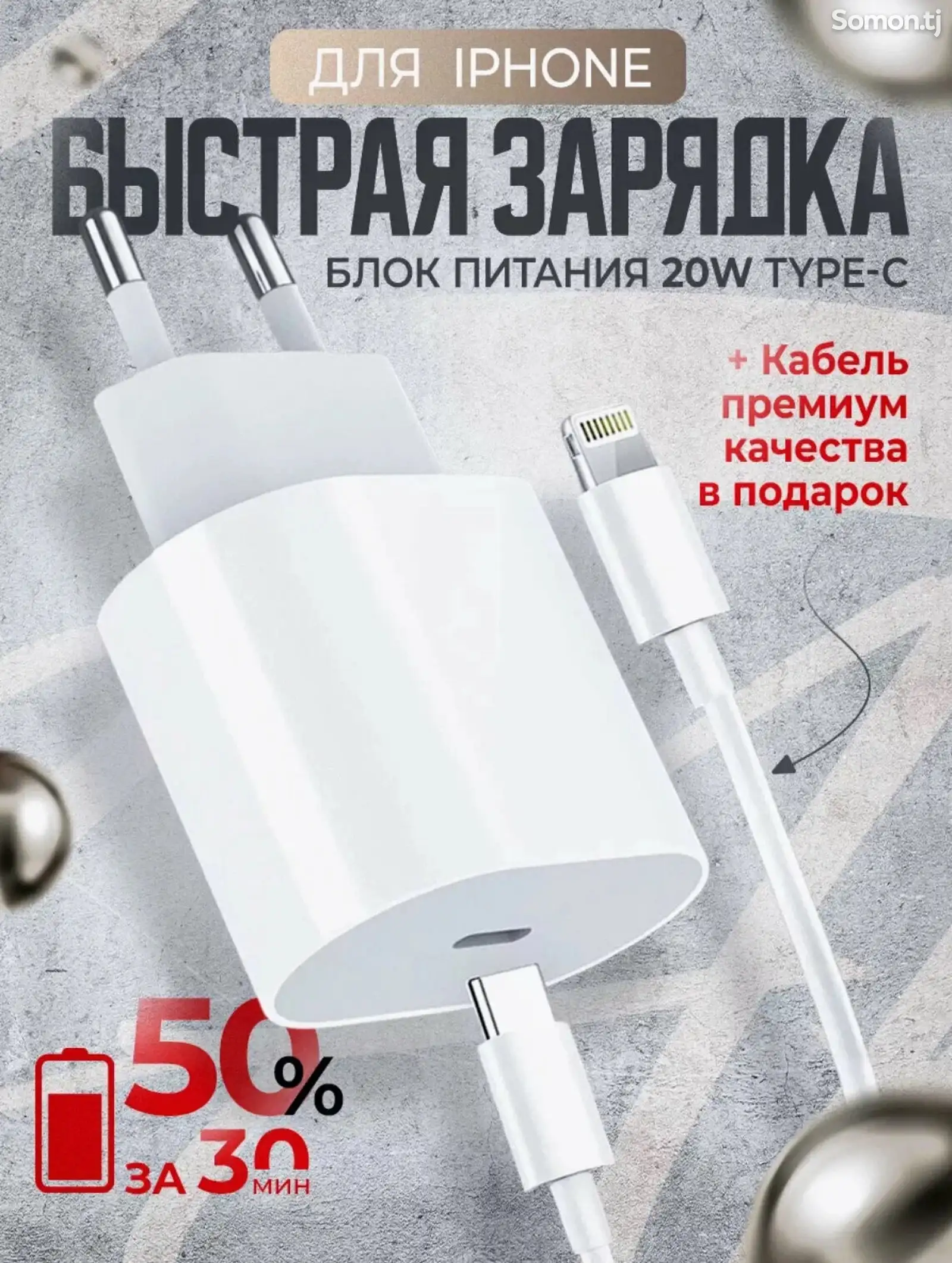 Быстрая зарядка для iPhone 20W с кабелем 1 метр Lightning и Type-C-1