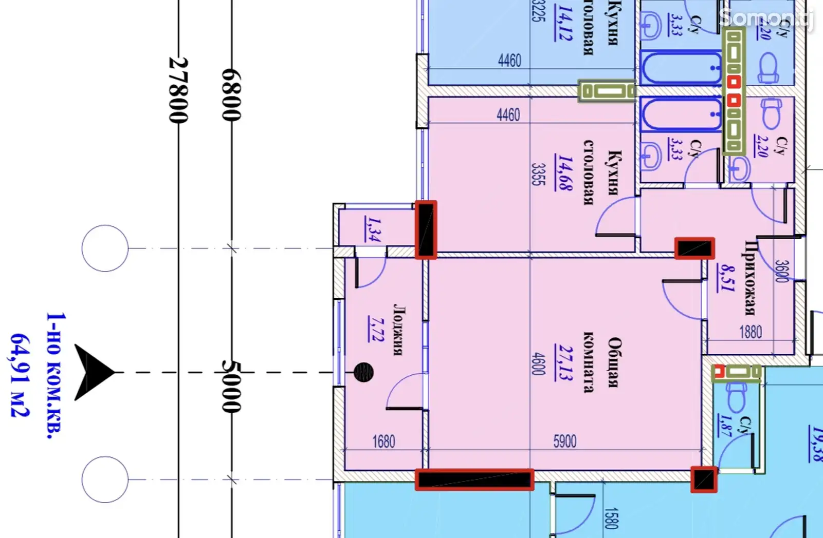 1-комн. квартира, 8 этаж, 65 м², Шохмансур (зелёный базар)-11