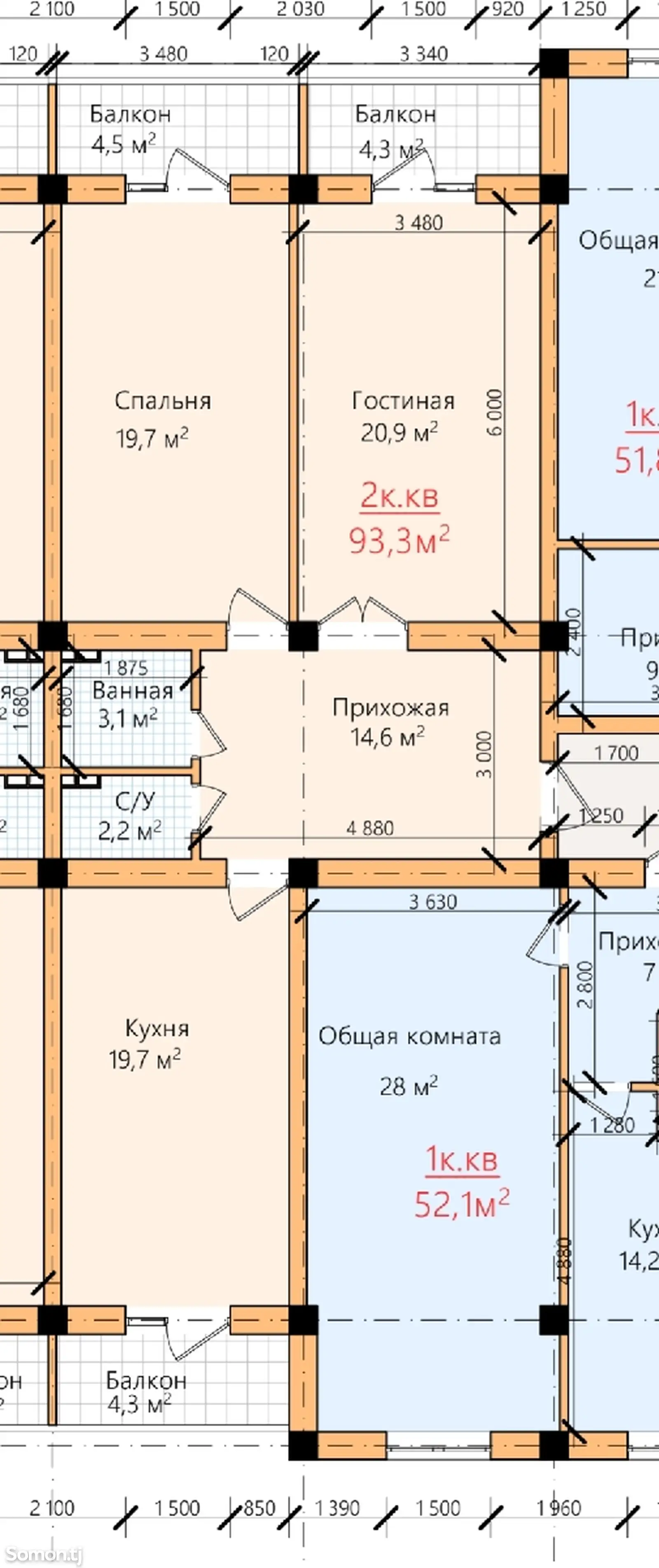 2-комн. квартира, 2 этаж, 93 м², 30 мкр-1