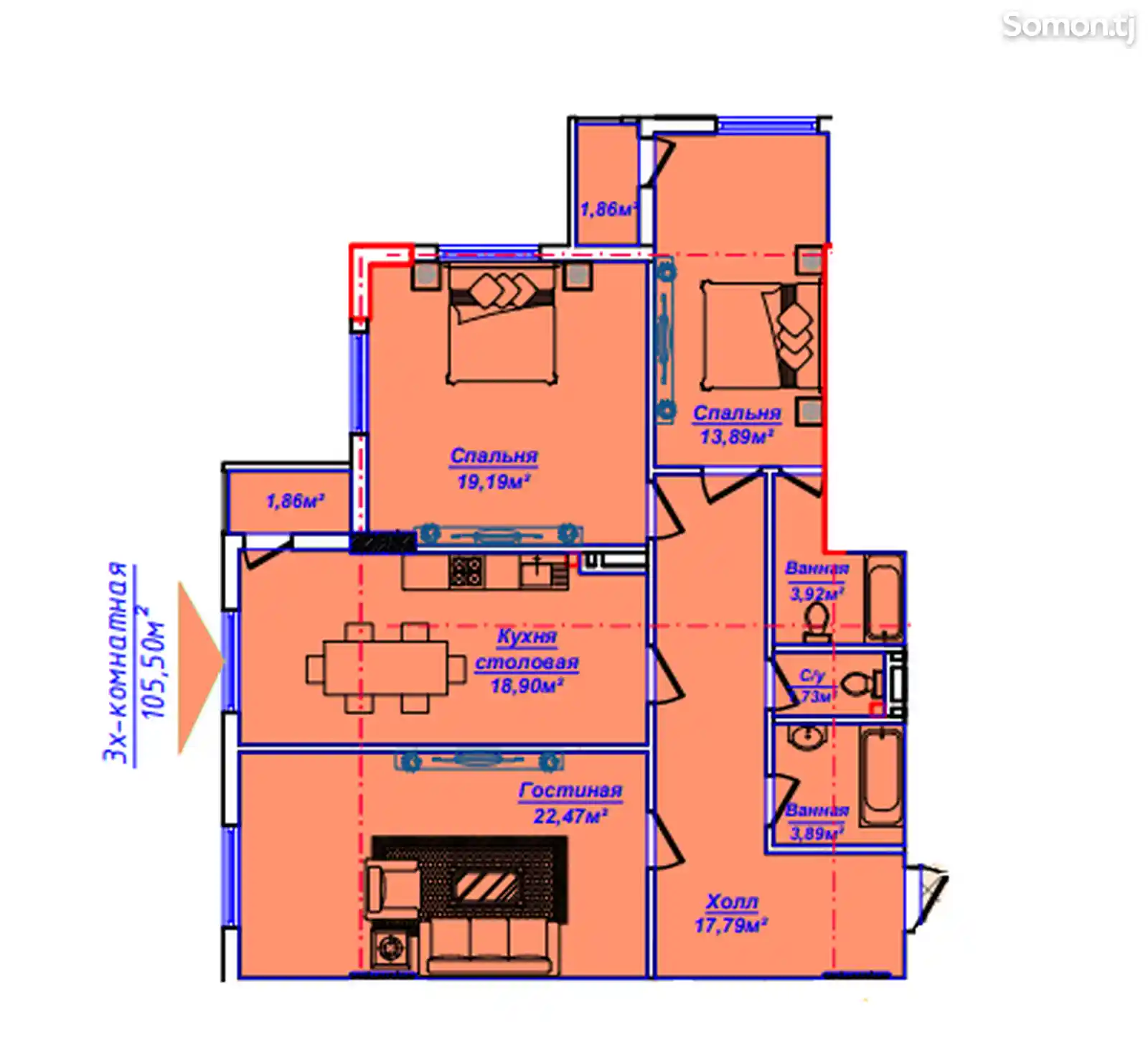 3-комн. квартира, 4 этаж, 105 м², Сино-3