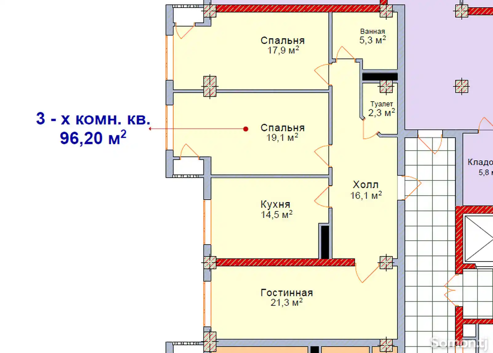 3-комн. квартира, 4 этаж, 97 м², Шохмансур-1