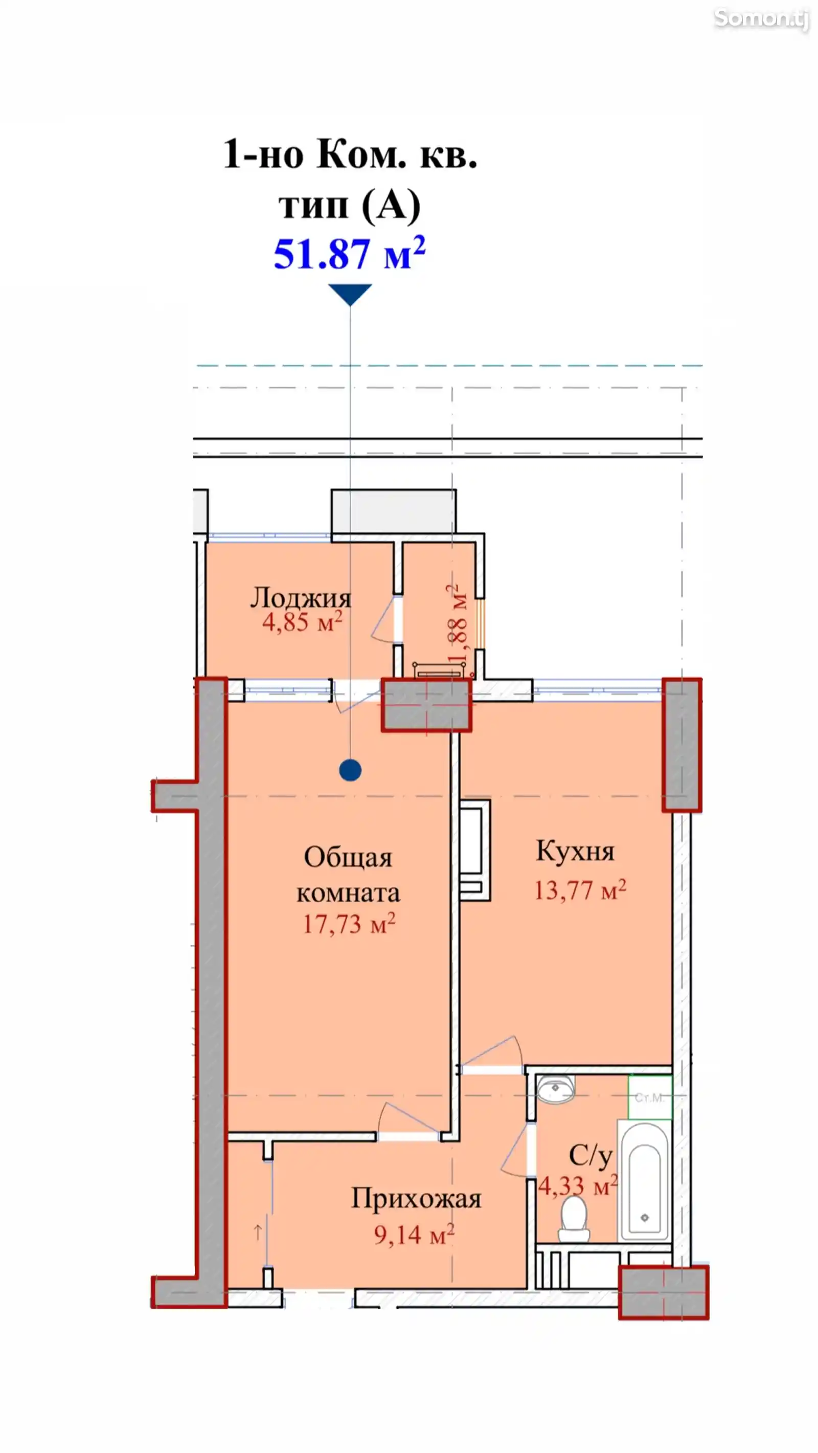 1-комн. квартира, 13 этаж, 51 м², Шохмансур-2