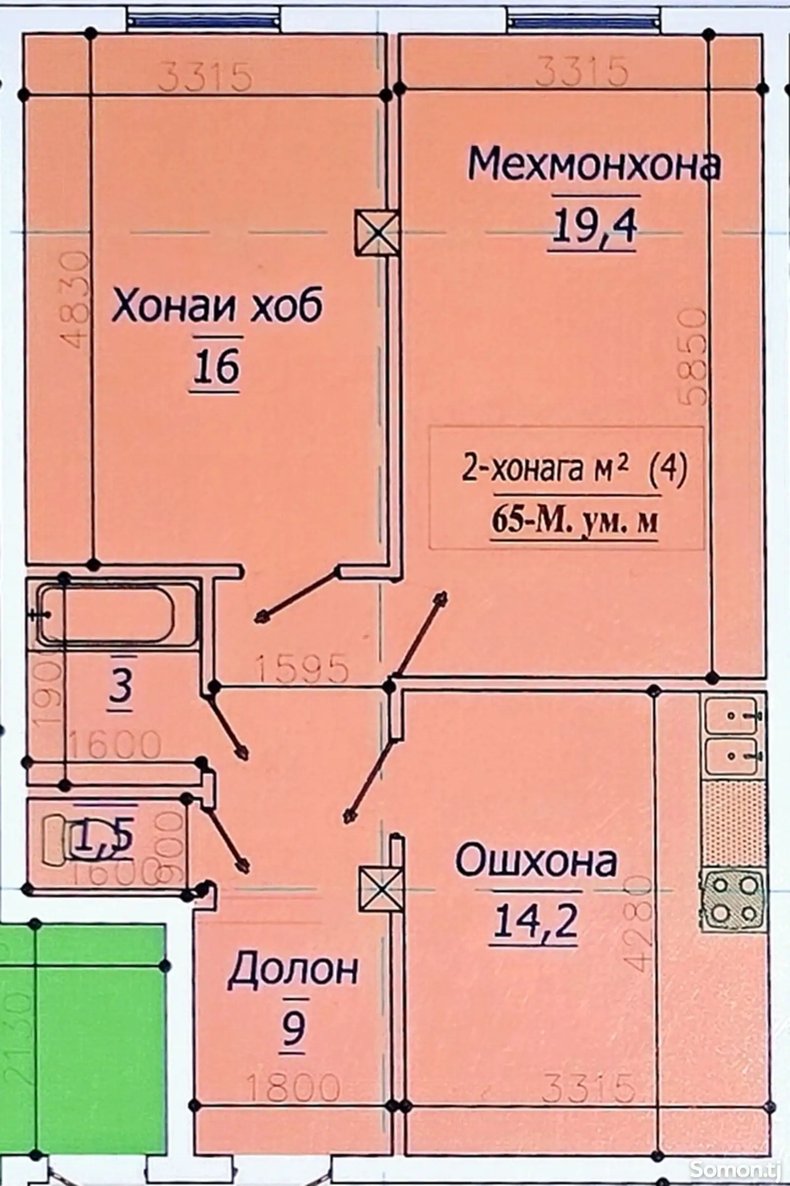 2-комн. квартира, 9 этаж, 65 м², поворот Ленинград