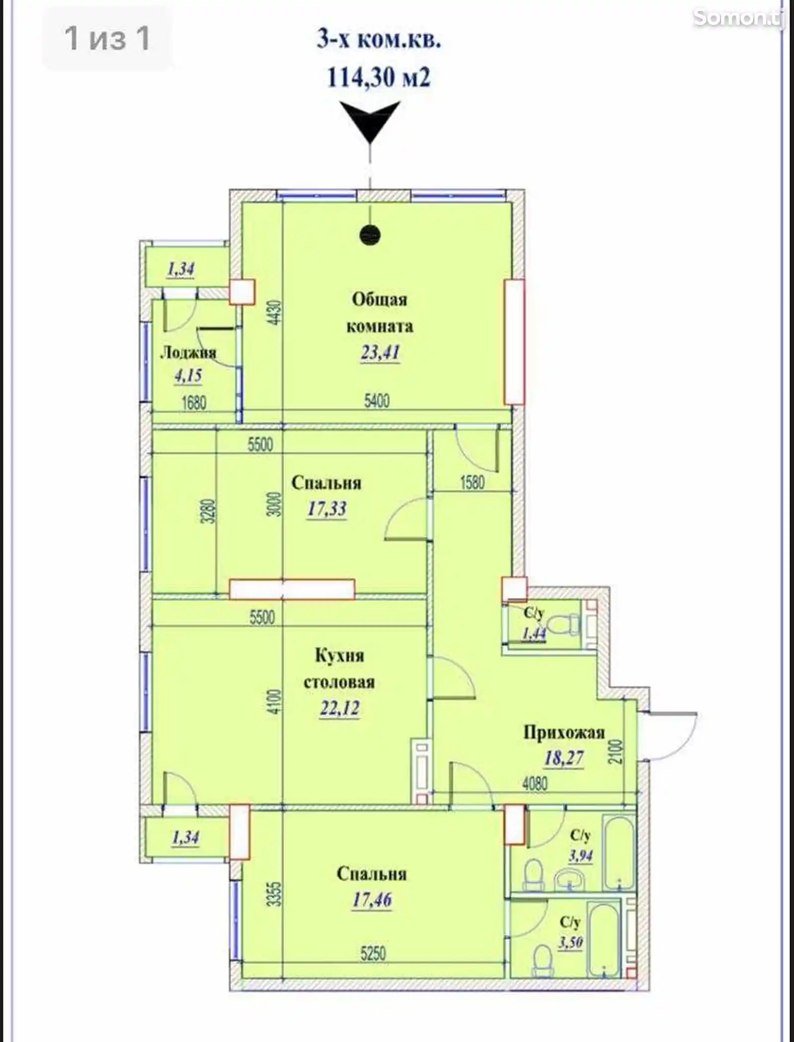 3-комн. квартира, 12 этаж, 114 м², Зелёный базар-4