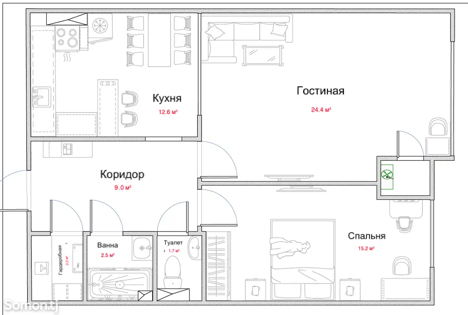 2-комн. квартира, 7 этаж, 69 м², И.Сомони-4