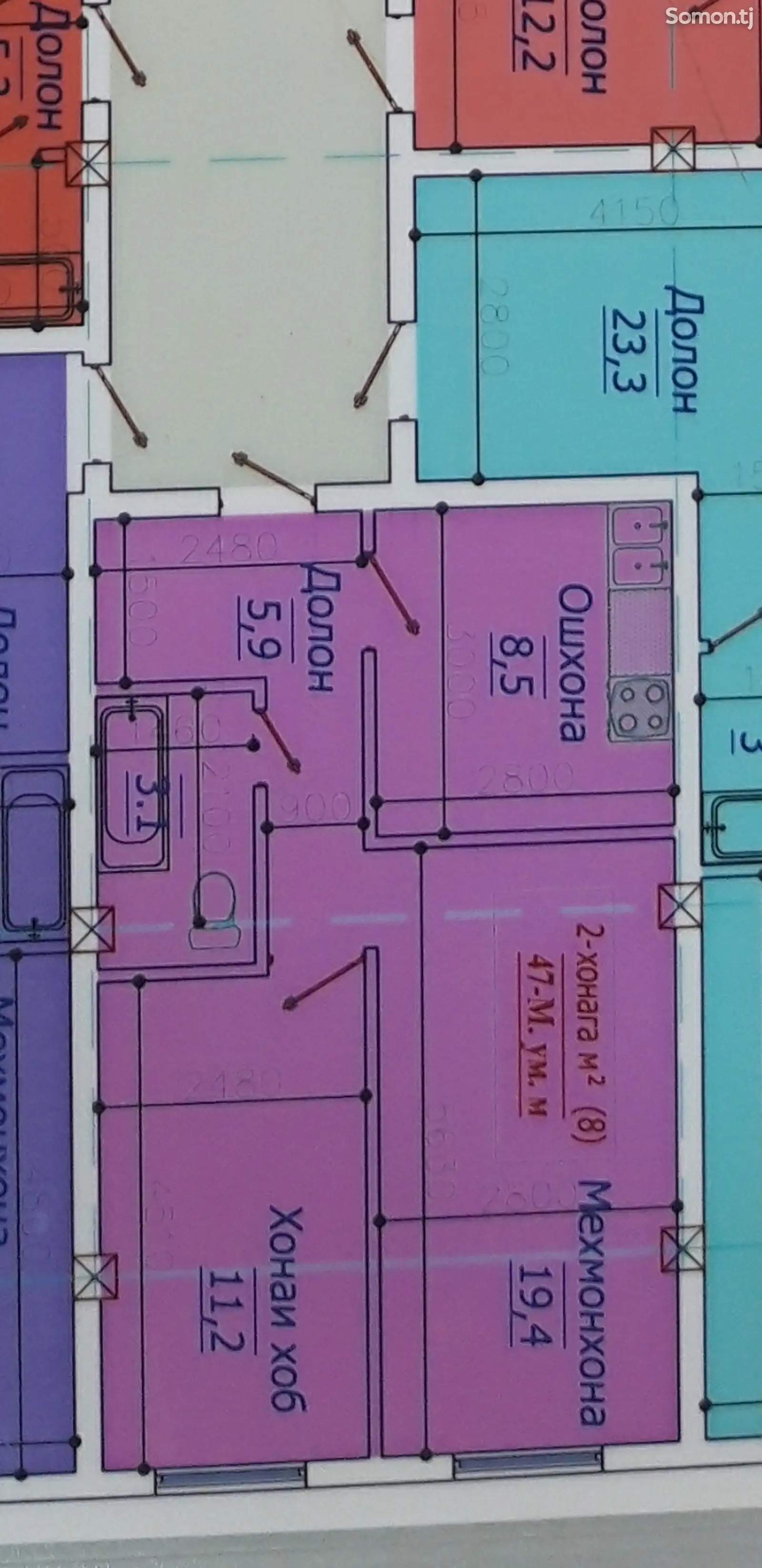 2-комн. квартира, 5 этаж, 47 м², Назди масчиди калон-1