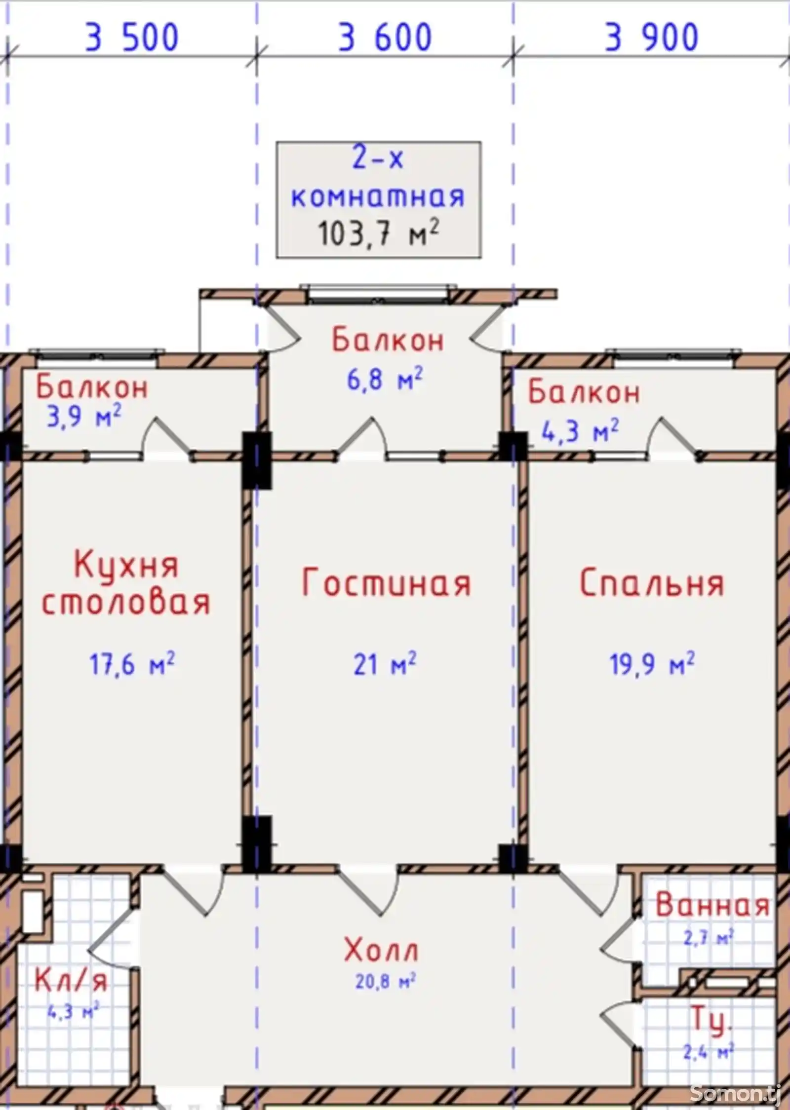 2-комн. квартира, 5 этаж, 103 м², Исмоили Сомони-9