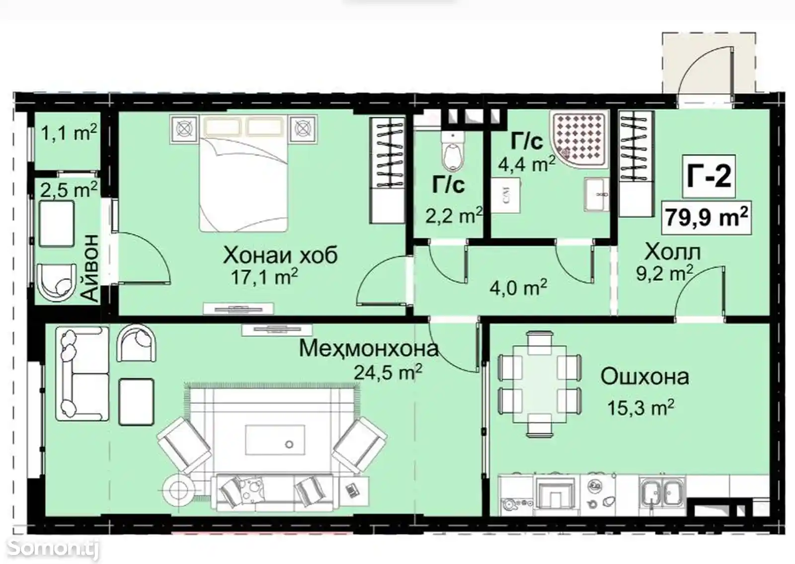 2-комн. квартира, 3 этаж, 80 м², Сино-1