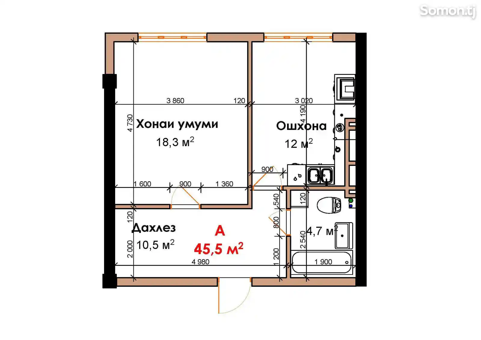 1-комн. квартира, 15 этаж, 45 м², И. Сомони-2