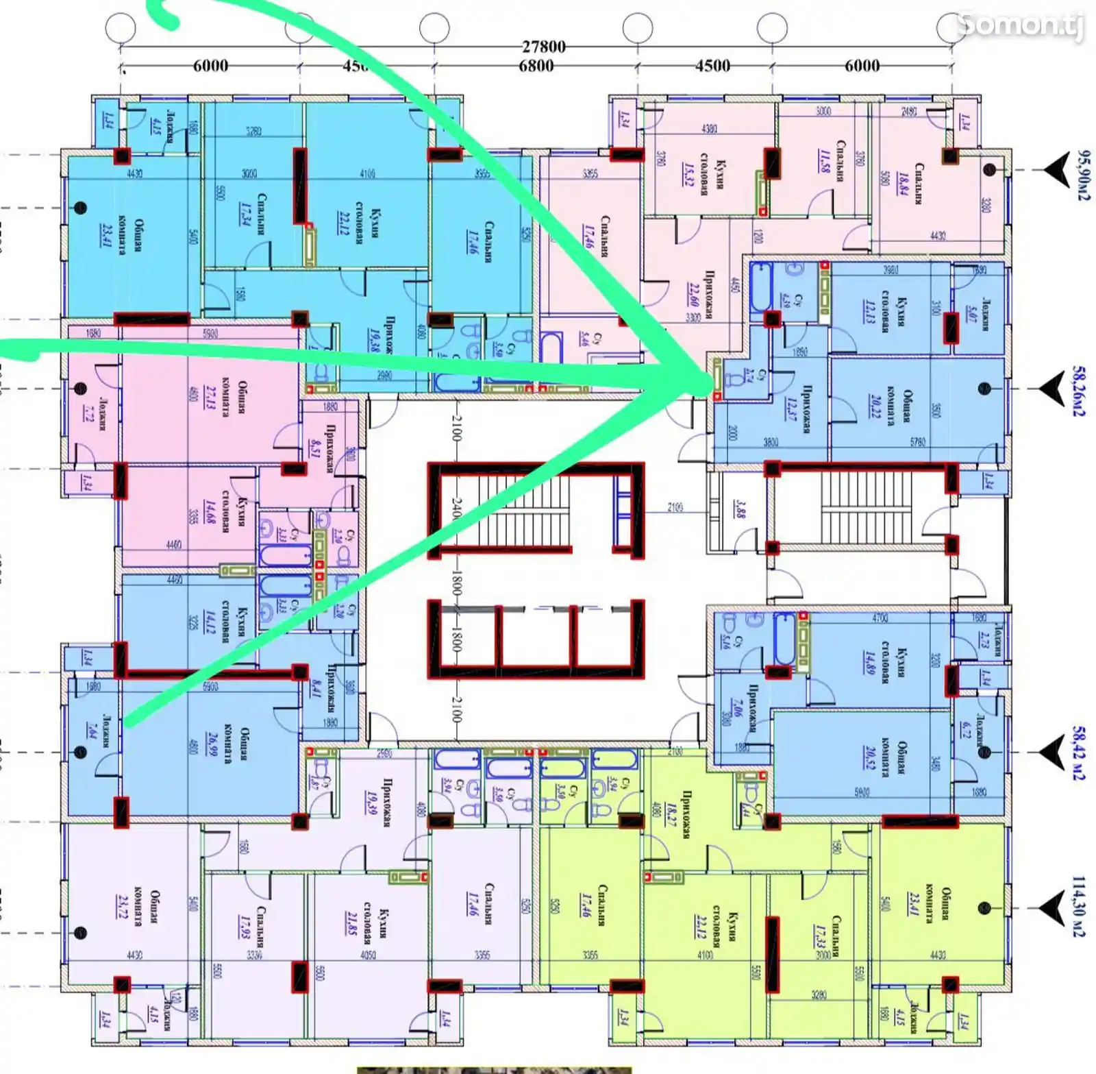 1-комн. квартира, 11 этаж, 58 м², Зеленый бозор-3