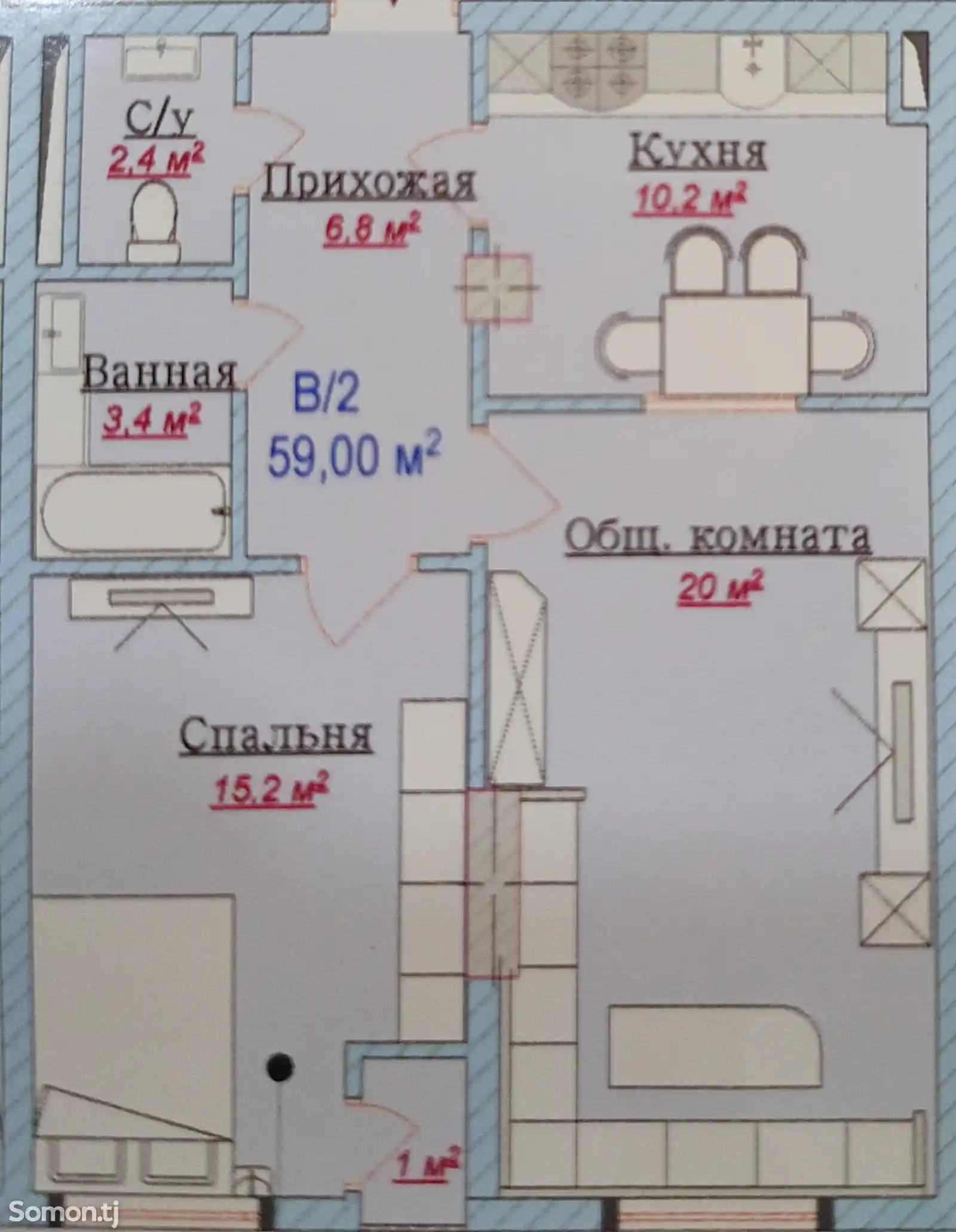 2-комн. квартира, 3 этаж, 63 м², махалаи Мирзо Турсунзода-1