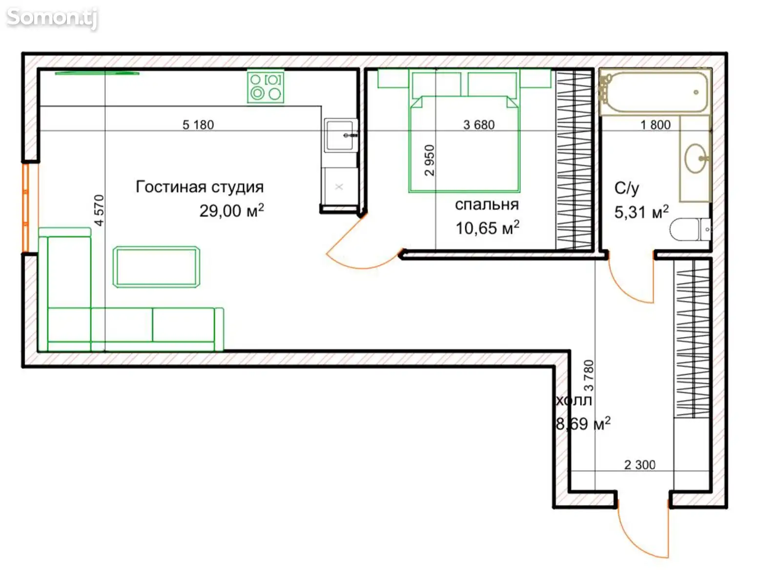 2-комн. квартира, 4 этаж, 55 м², Иcмоили Сомони-1