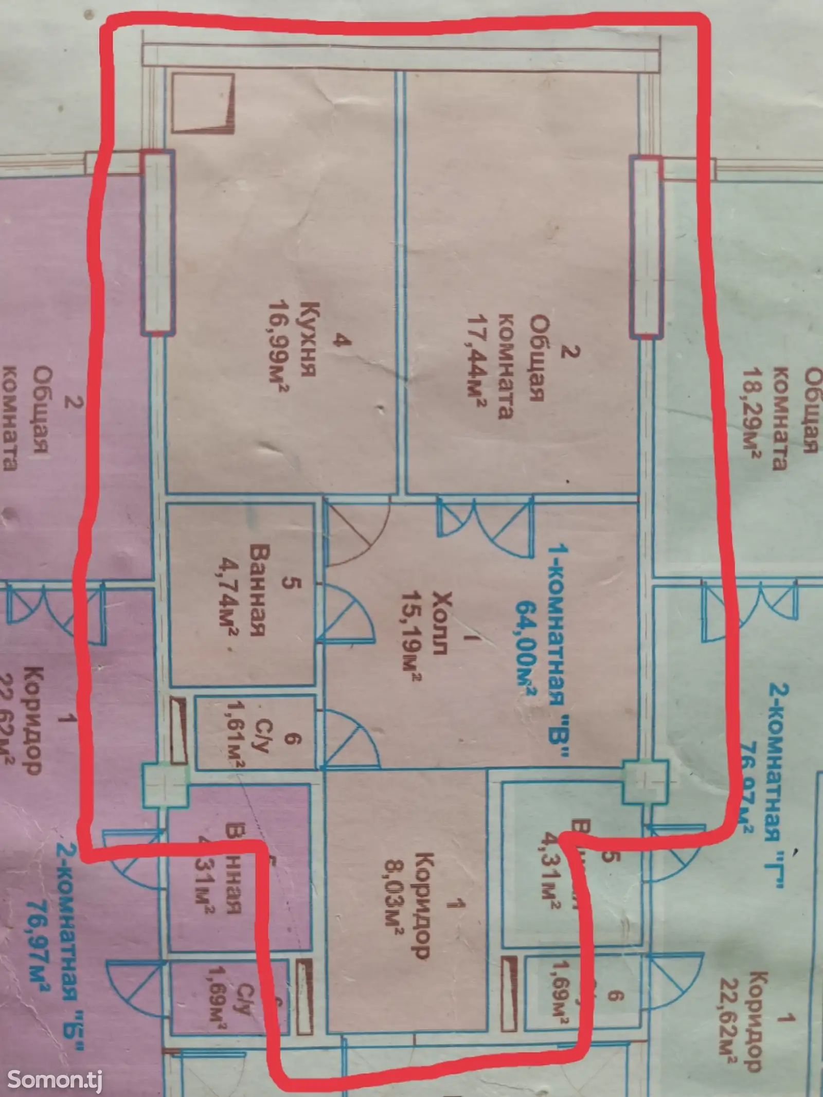 2-комн. квартира, 9 этаж, 64 м², Исмоили Сомони-1