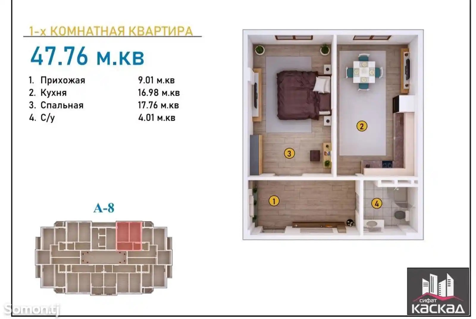 1-комн. квартира, 2 этаж, 48 м², 32 мкр-1