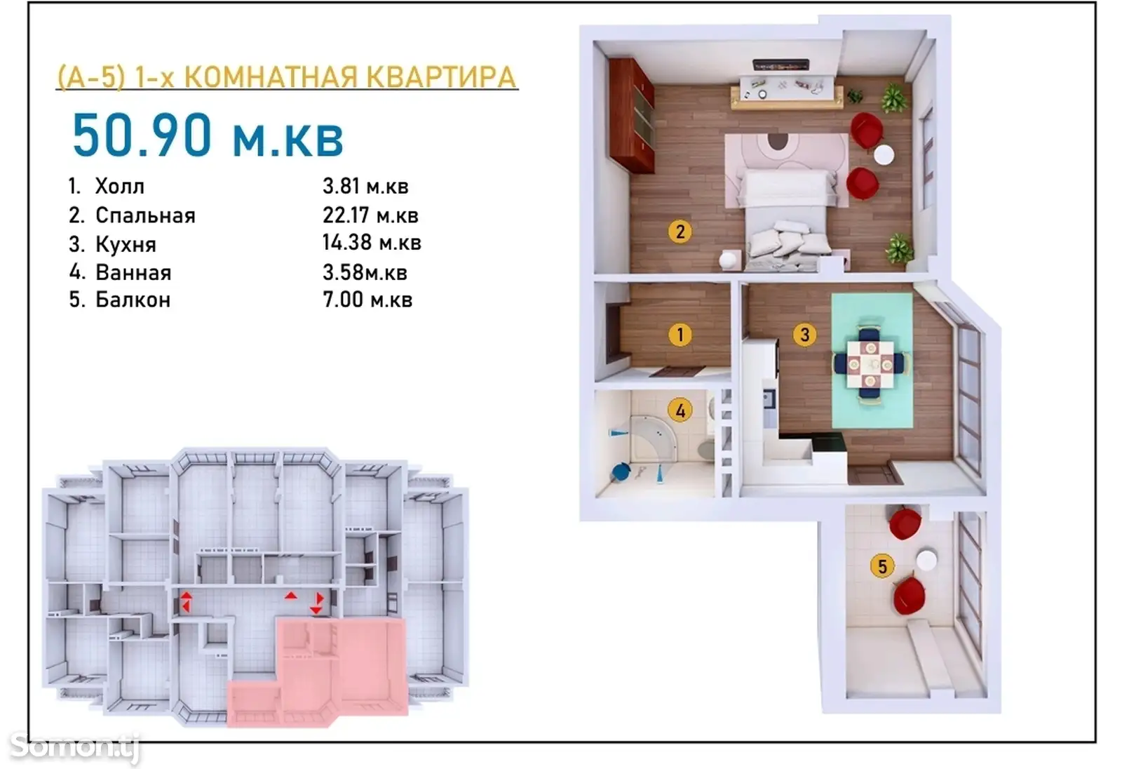 1-комн. квартира, 5 этаж, 51 м², Пахтакор-6