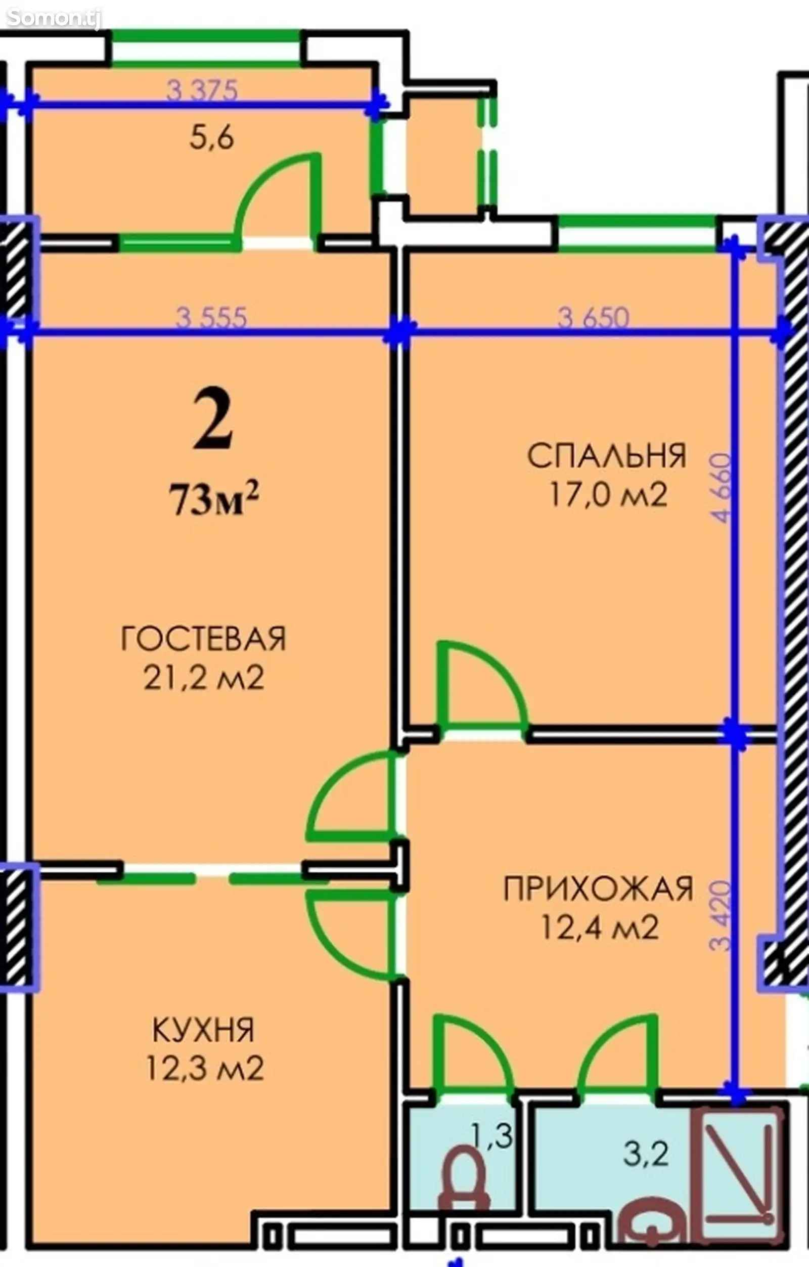 2-комн. квартира, 6 этаж, 73 м², Шохмансур-2