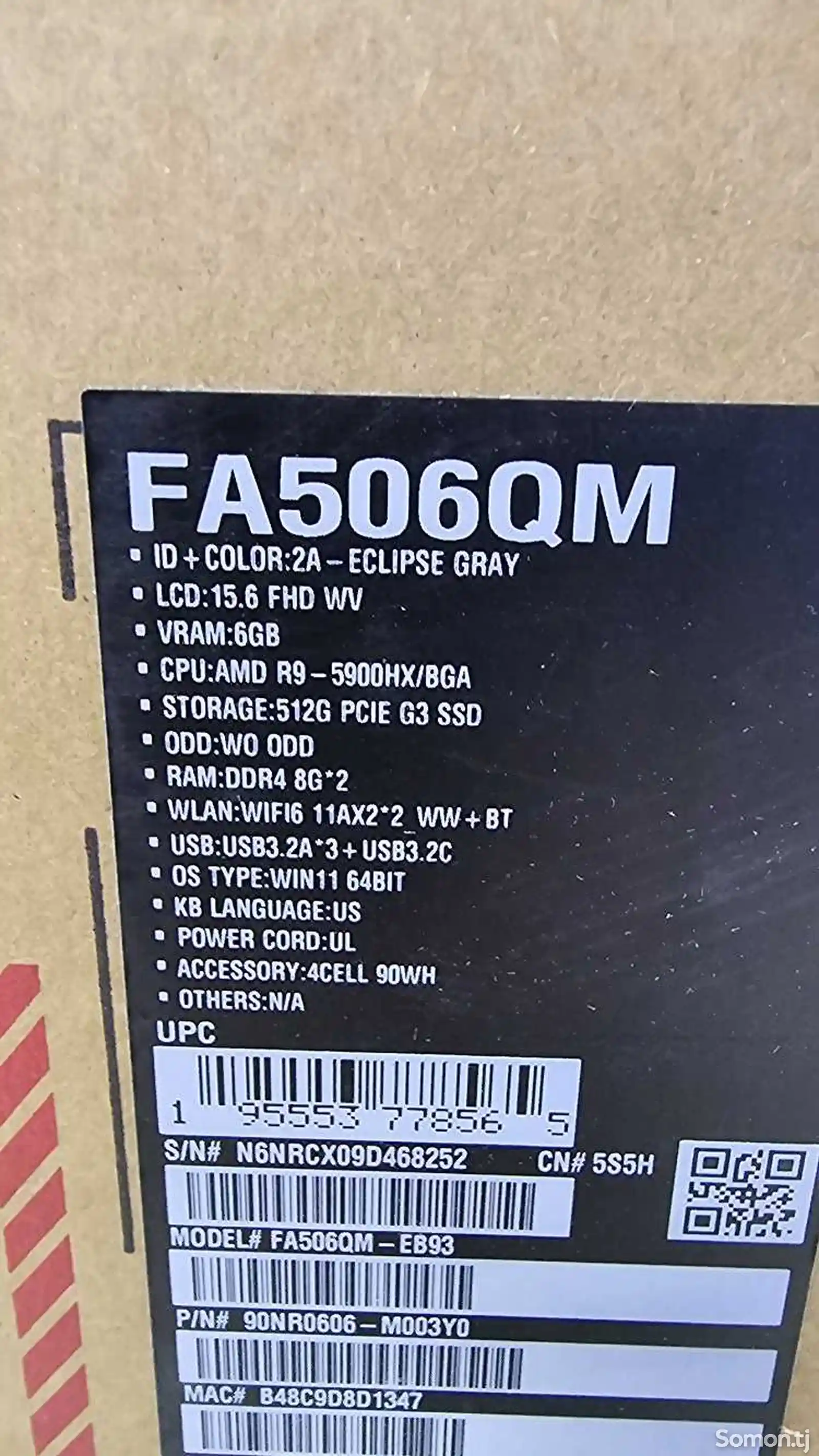 Ноубук Asus Tuf FA506QM RYZEN 9-5900HX 512/16GB RAM RTX 3060-3