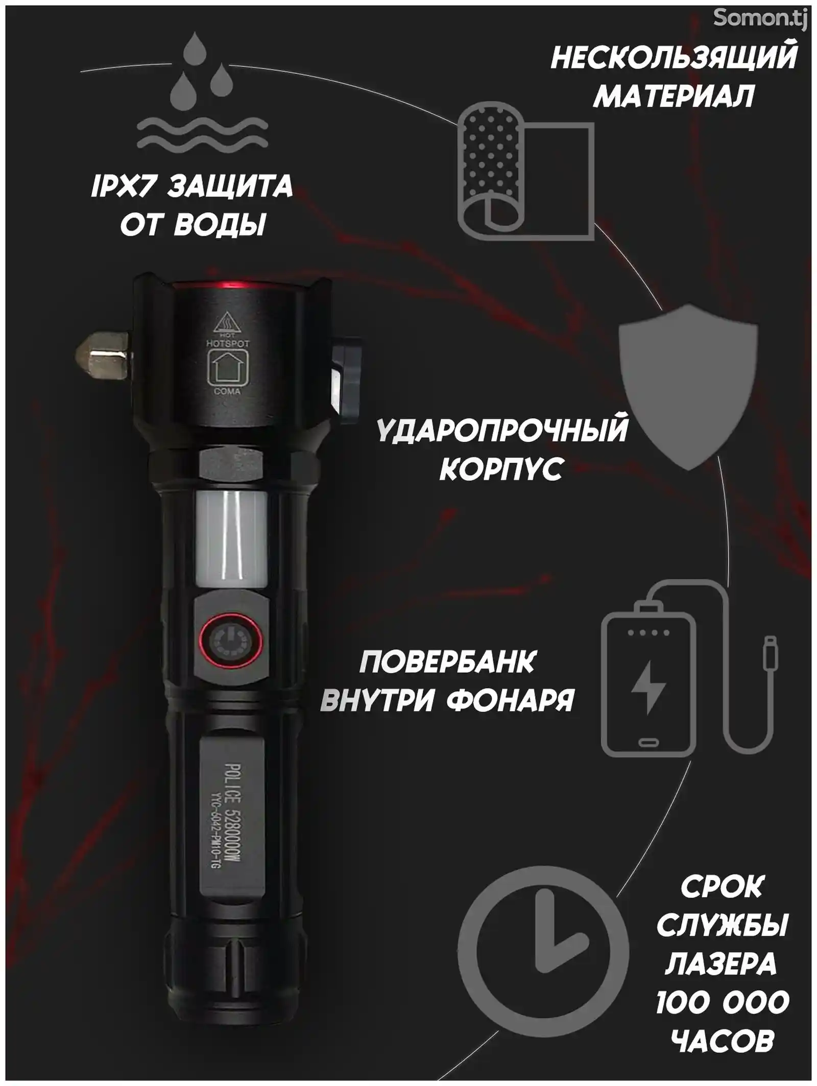 Фонарик ручной аккумуляторный, с зарядкой microUSB, походный, сверхъяркий светод-5