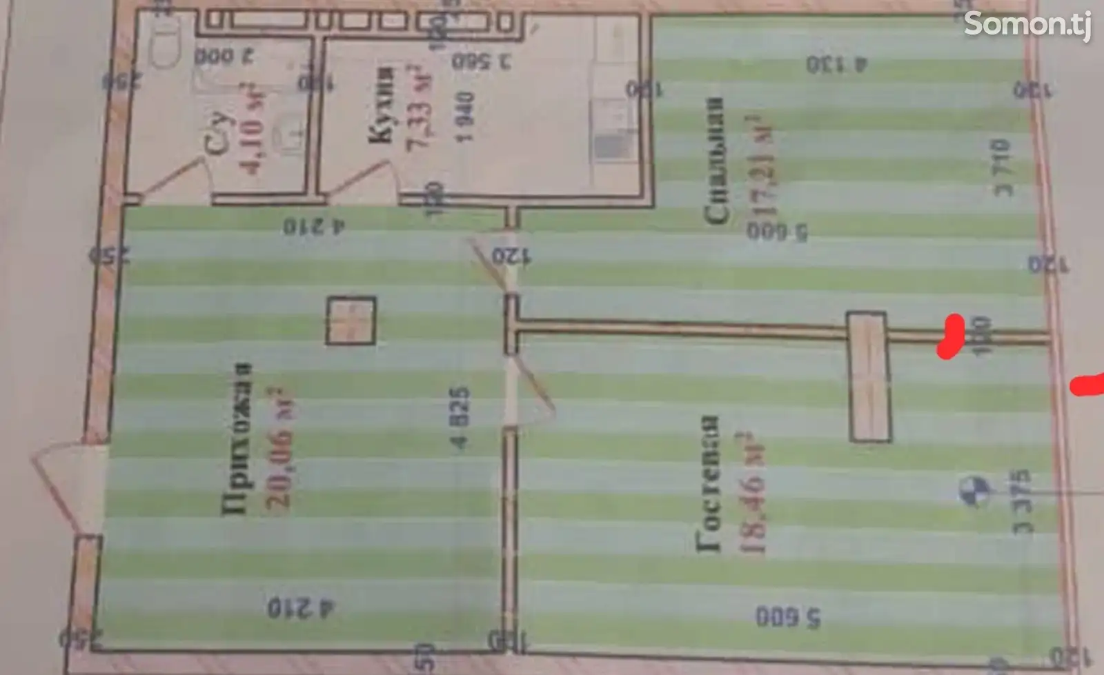 3-комн. квартира, 2 этаж, 67 м², Сино-1