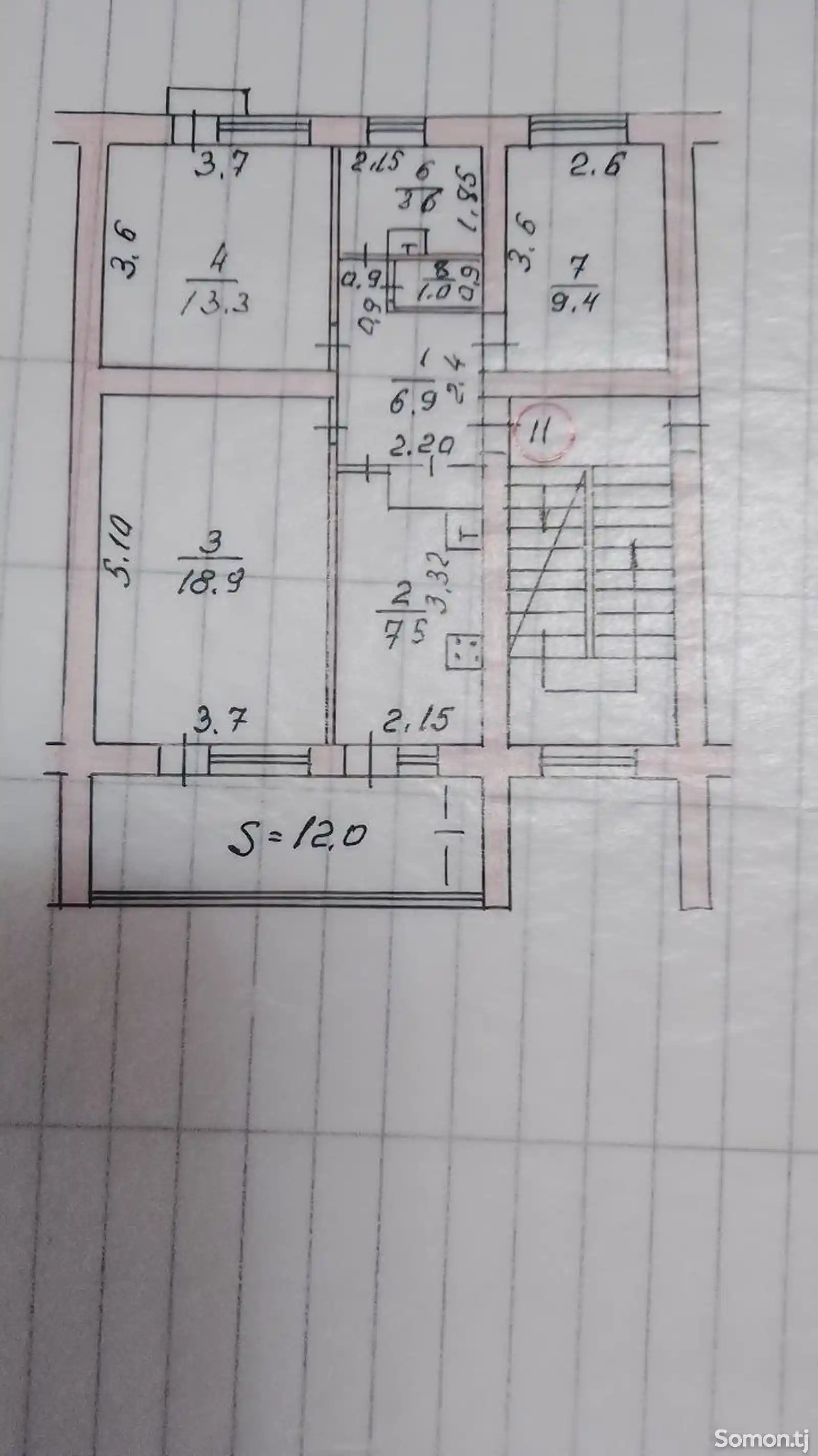 3-комн. квартира, 2 этаж, 61 м², Назди стадион-11