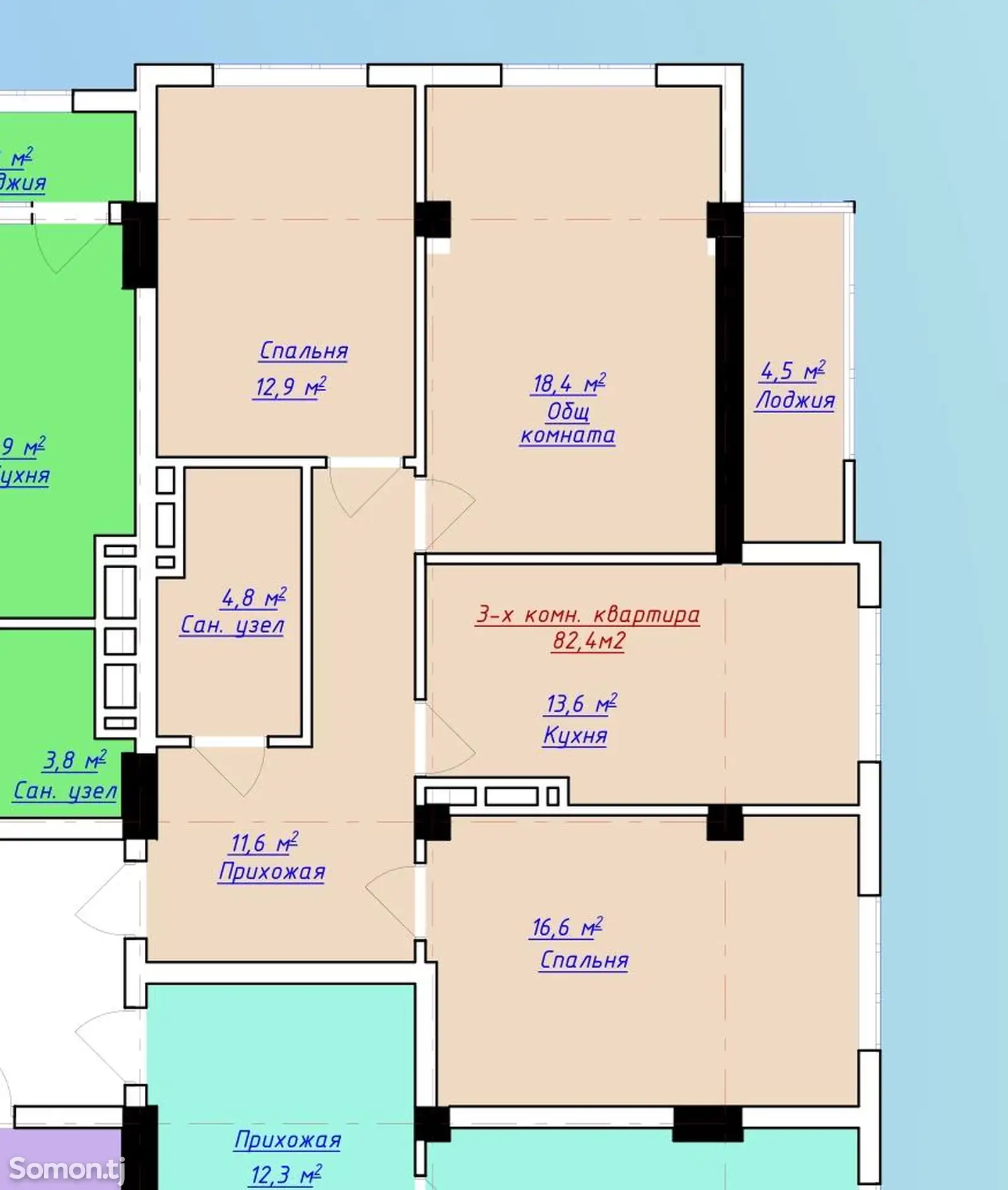 3-комн. квартира, 3 этаж, 82 м², 12 мкр-1