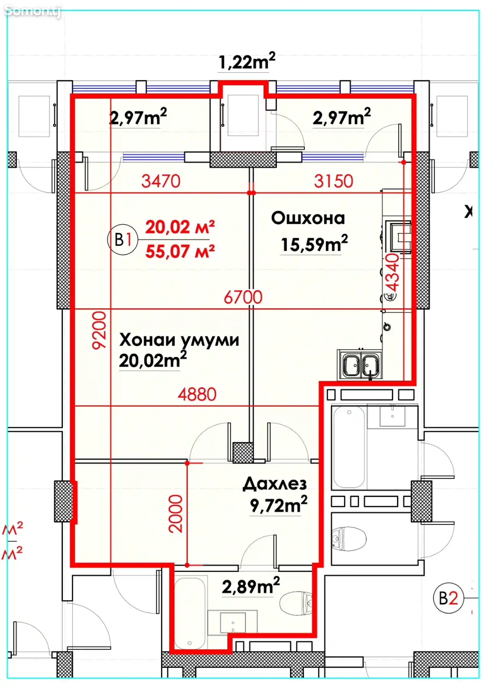 1-комн. квартира, 7 этаж, 55 м², Фирдавси-2