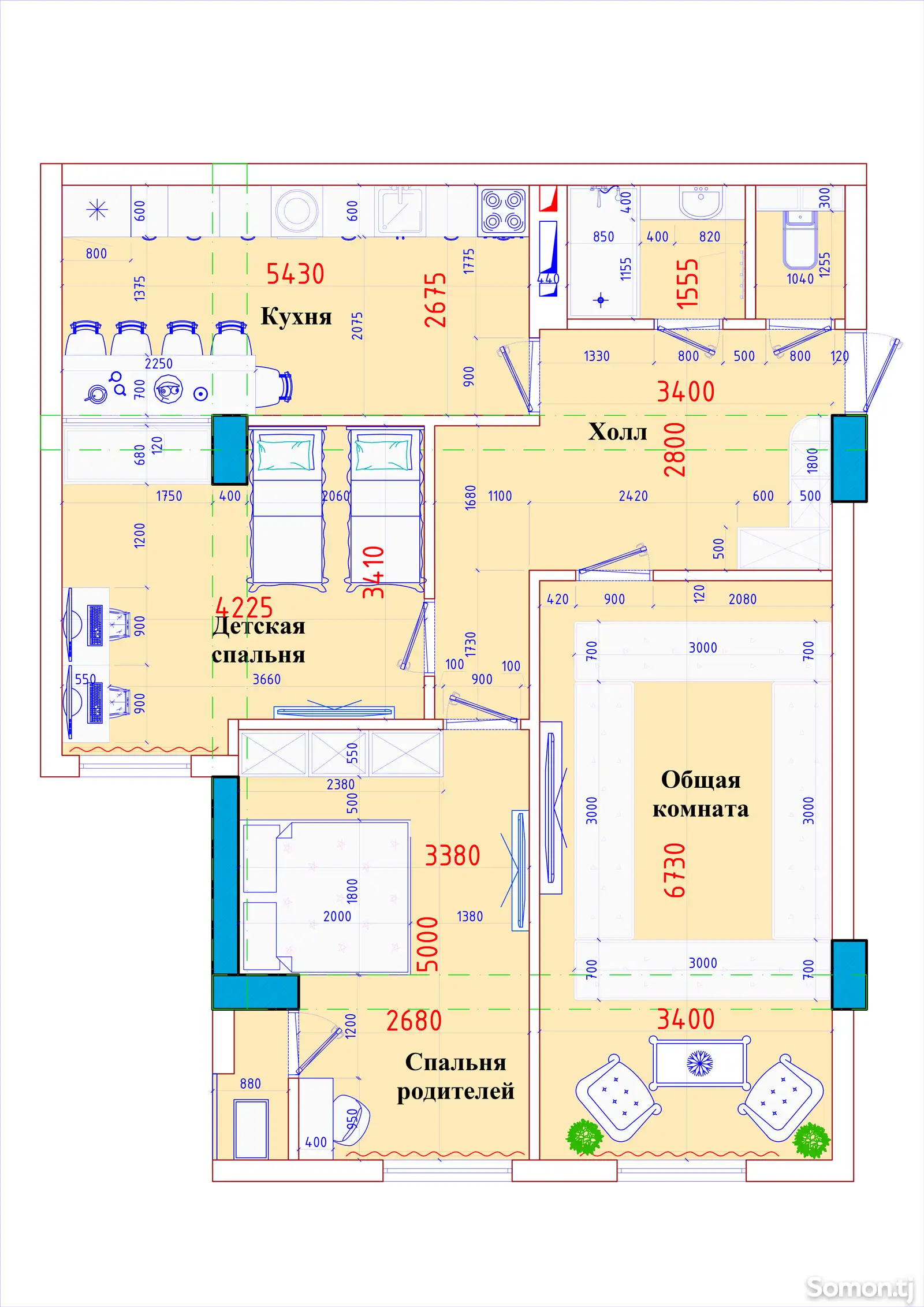 3-комн. квартира, 5 этаж, 88 м², Фирдавси-1