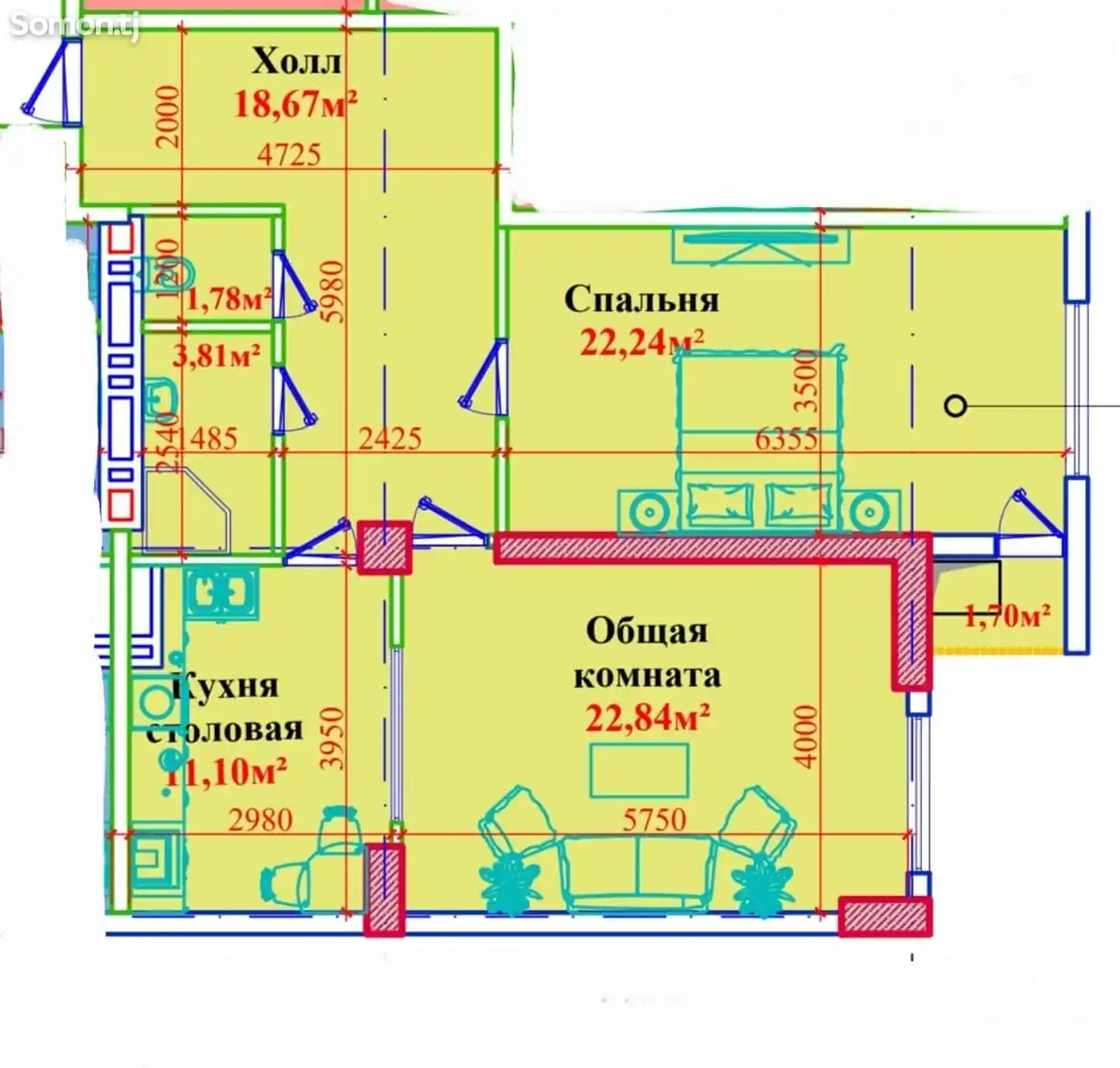 2-комн. квартира, 9 этаж, 82 м², Сино-15